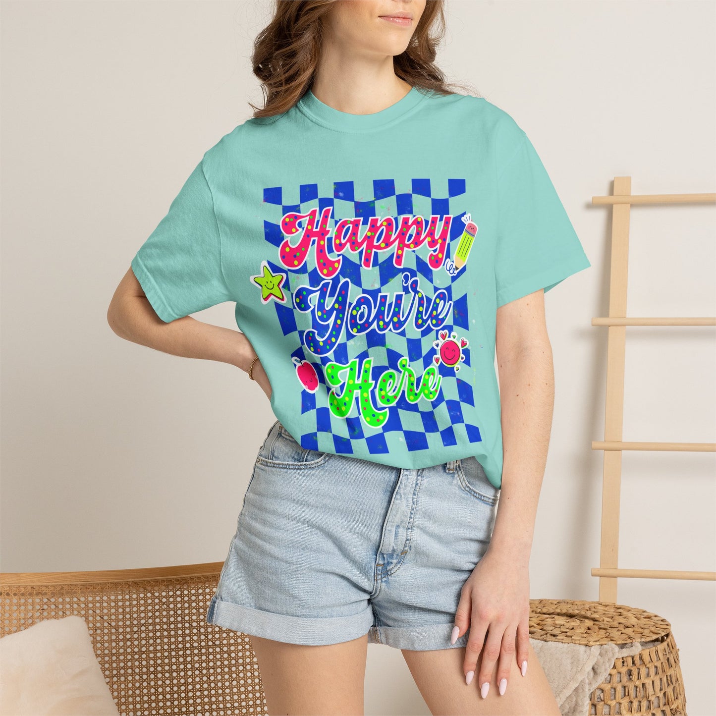 "Happy You're Here" Neon Colors Checkerboard T-Shirt | Retro Doodle Graphics - Unisex regular fit, round neck, short sleeve, cotton, printed, casual