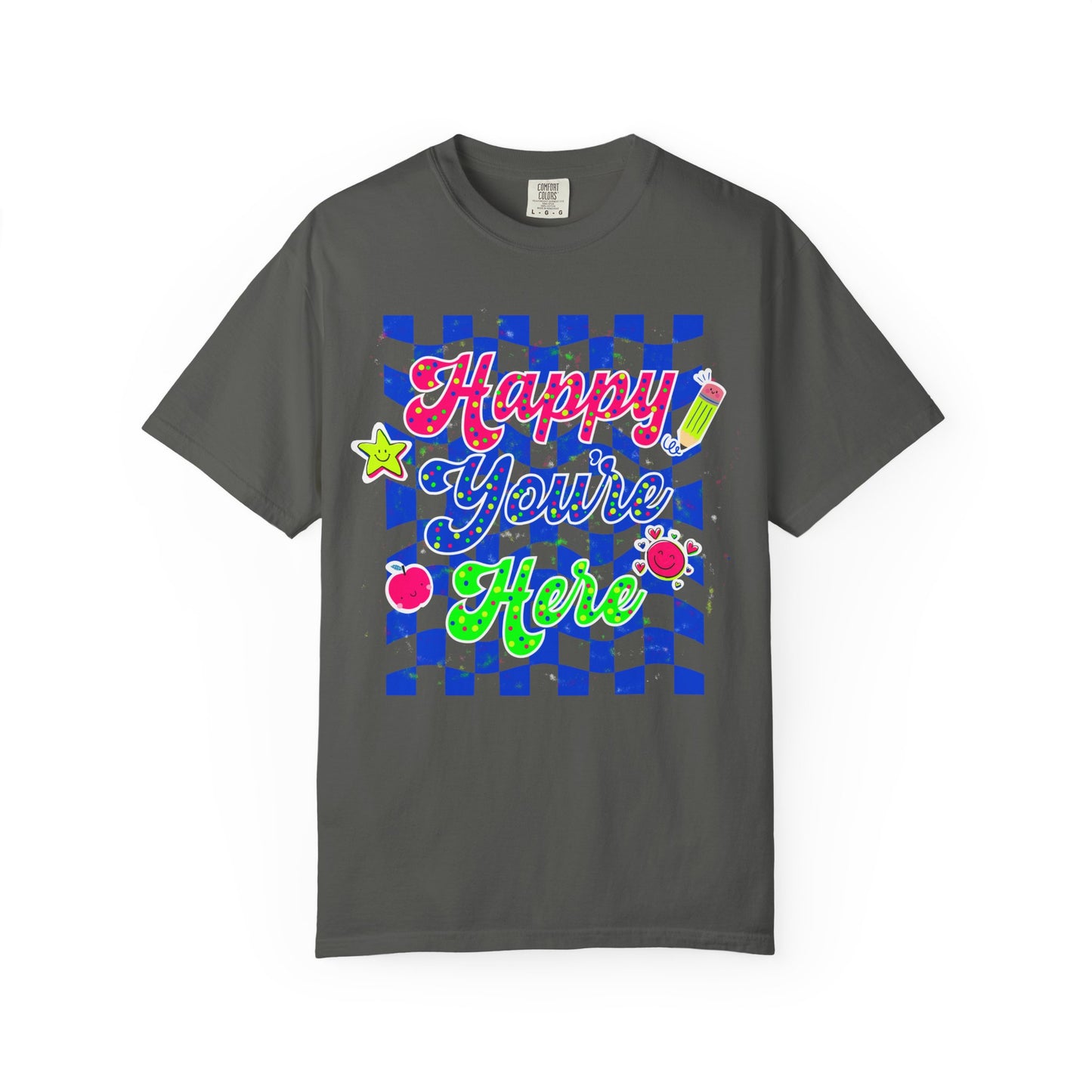 "Happy You're Here" Neon Colors Checkerboard T-Shirt | Retro Doodle Graphics - Unisex regular fit, round neck, short sleeve, cotton, printed, casual