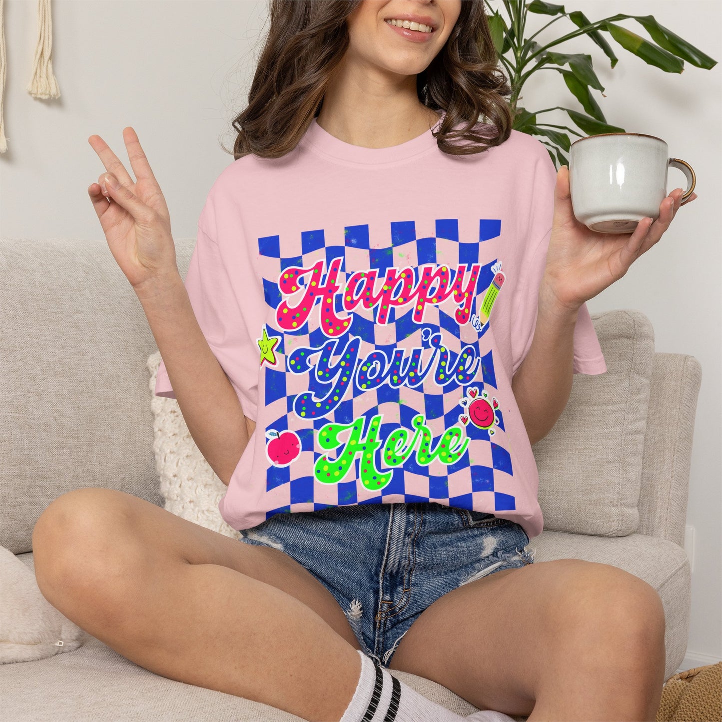 "Happy You're Here" Neon Colors Checkerboard T-Shirt | Retro Doodle Graphics - Unisex regular fit, round neck, short sleeve, cotton, printed, casual