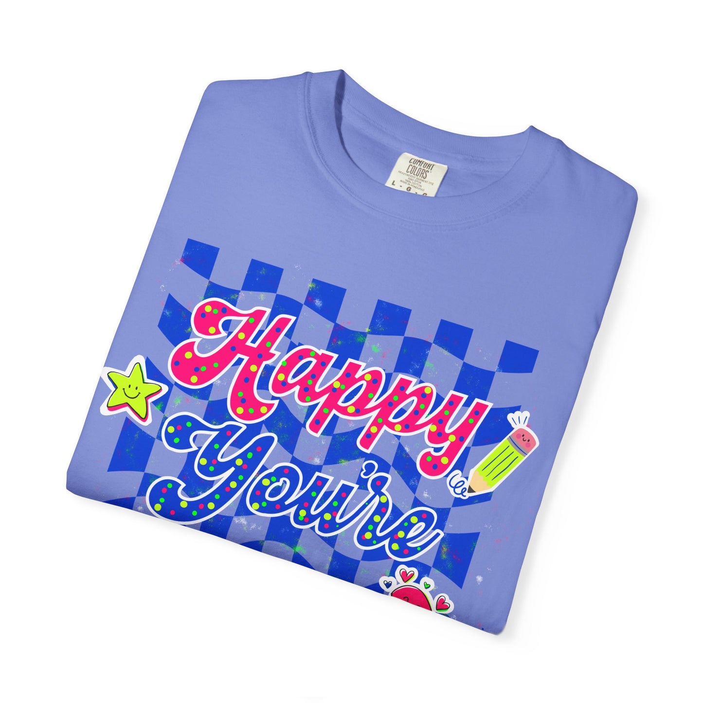 "Happy You're Here" Neon Colors Checkerboard T-Shirt | Retro Doodle Graphics - Unisex regular fit, round neck, short sleeve, cotton, printed, casual