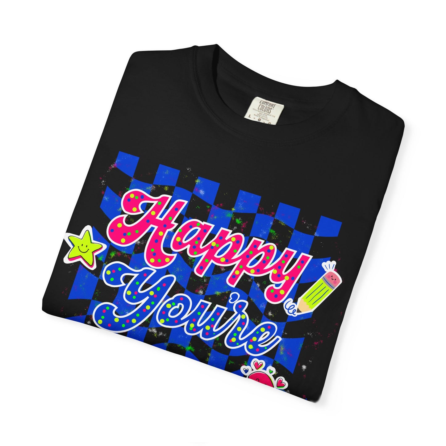 "Happy You're Here" Neon Colors Checkerboard T-Shirt | Retro Doodle Graphics - Unisex regular fit, round neck, short sleeve, cotton, printed, casual