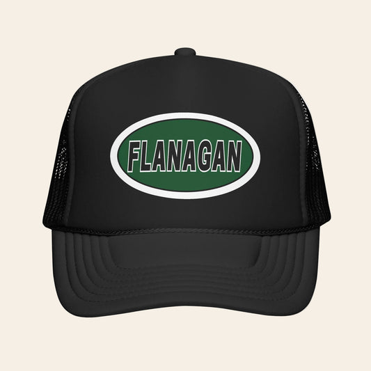 Flanagan Foam Trucker Hat — Retro Green Oval Logo Cap