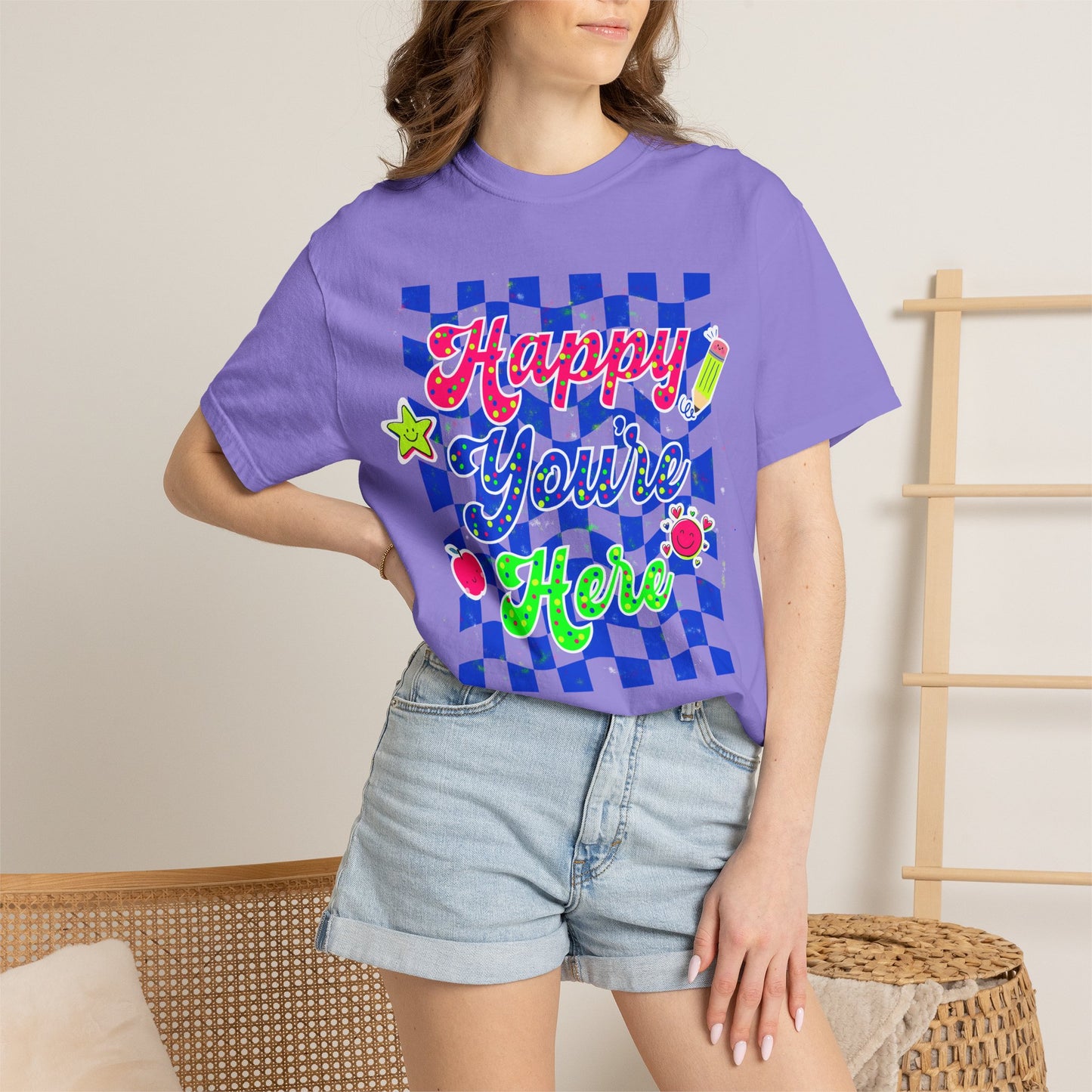 "Happy You're Here" Neon Colors Checkerboard T-Shirt | Retro Doodle Graphics - Unisex regular fit, round neck, short sleeve, cotton, printed, casual