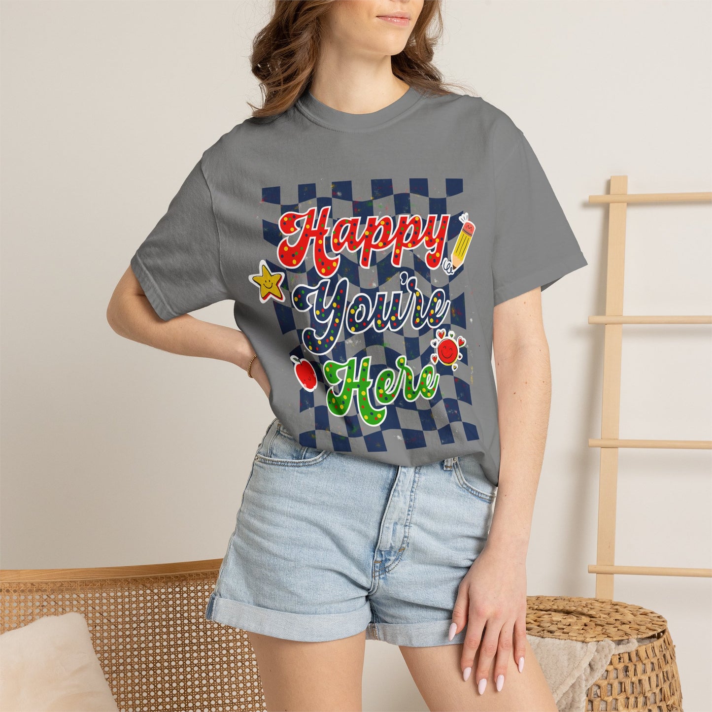 "Happy You're Here" Primary Colors Checkerboard T-Shirt | Retro Doodle Graphics - Unisex regular fit, round neck, short sleeve, cotton, printed, casual