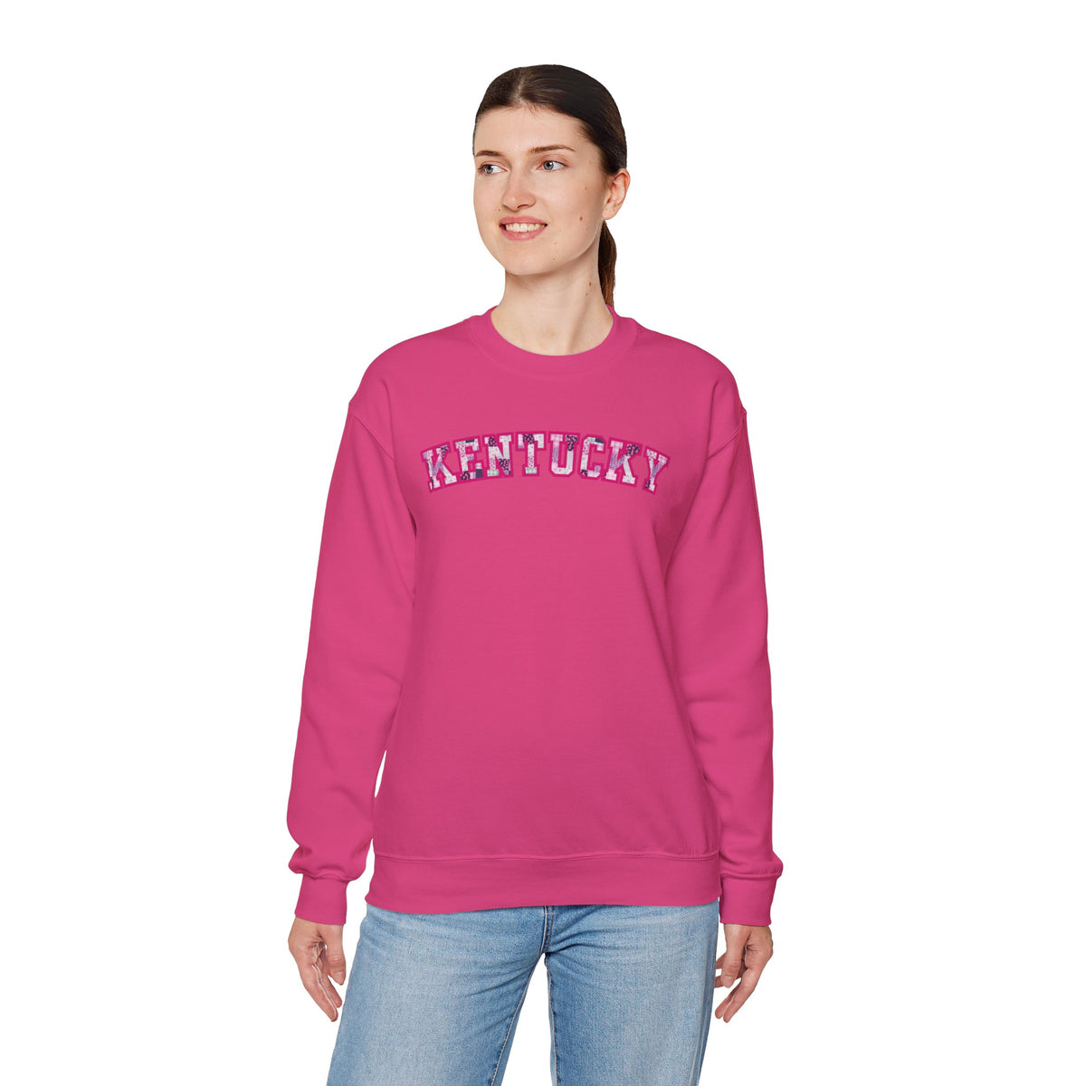 Kentucky Pink Plaid Crewneck Sweatshirt | State Pride, Retro Block Letters