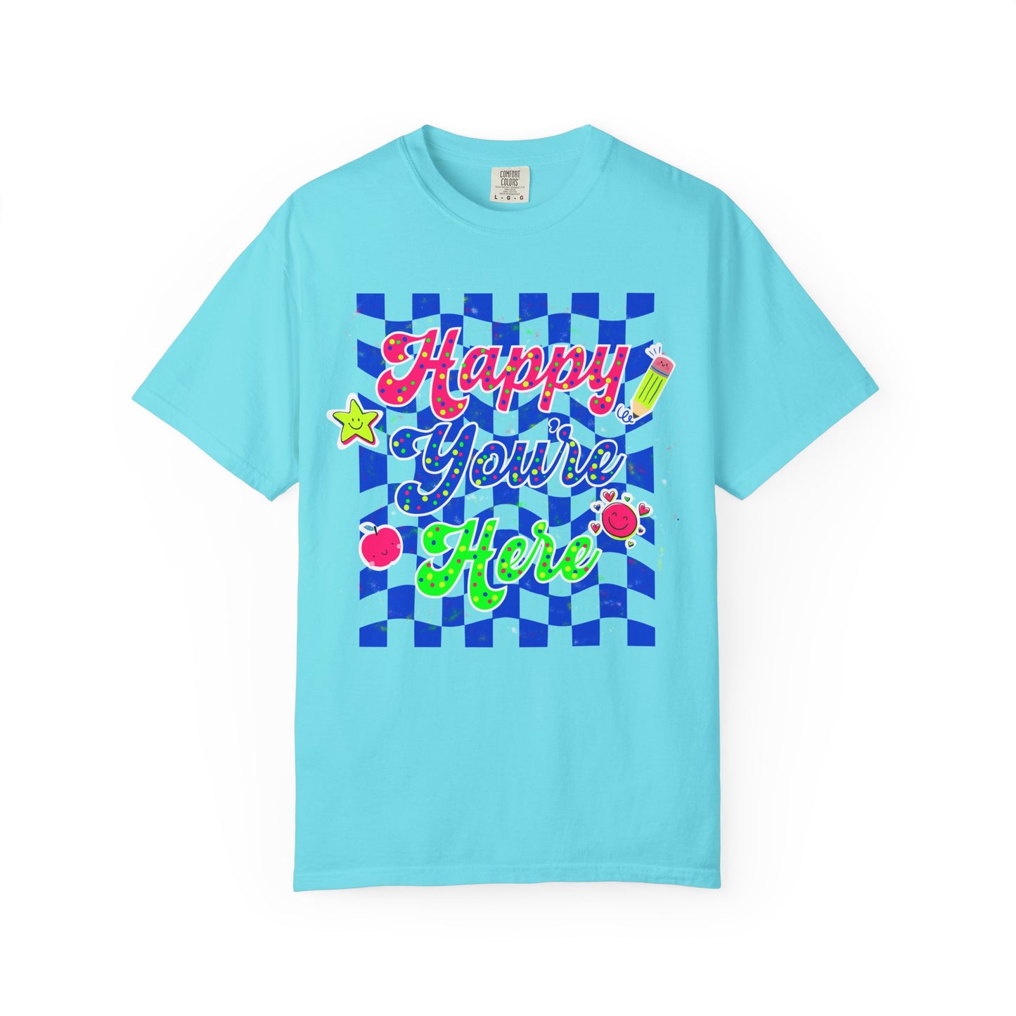 "Happy You're Here" Neon Colors Checkerboard T-Shirt | Retro Doodle Graphics - Unisex regular fit, round neck, short sleeve, cotton, printed, casual