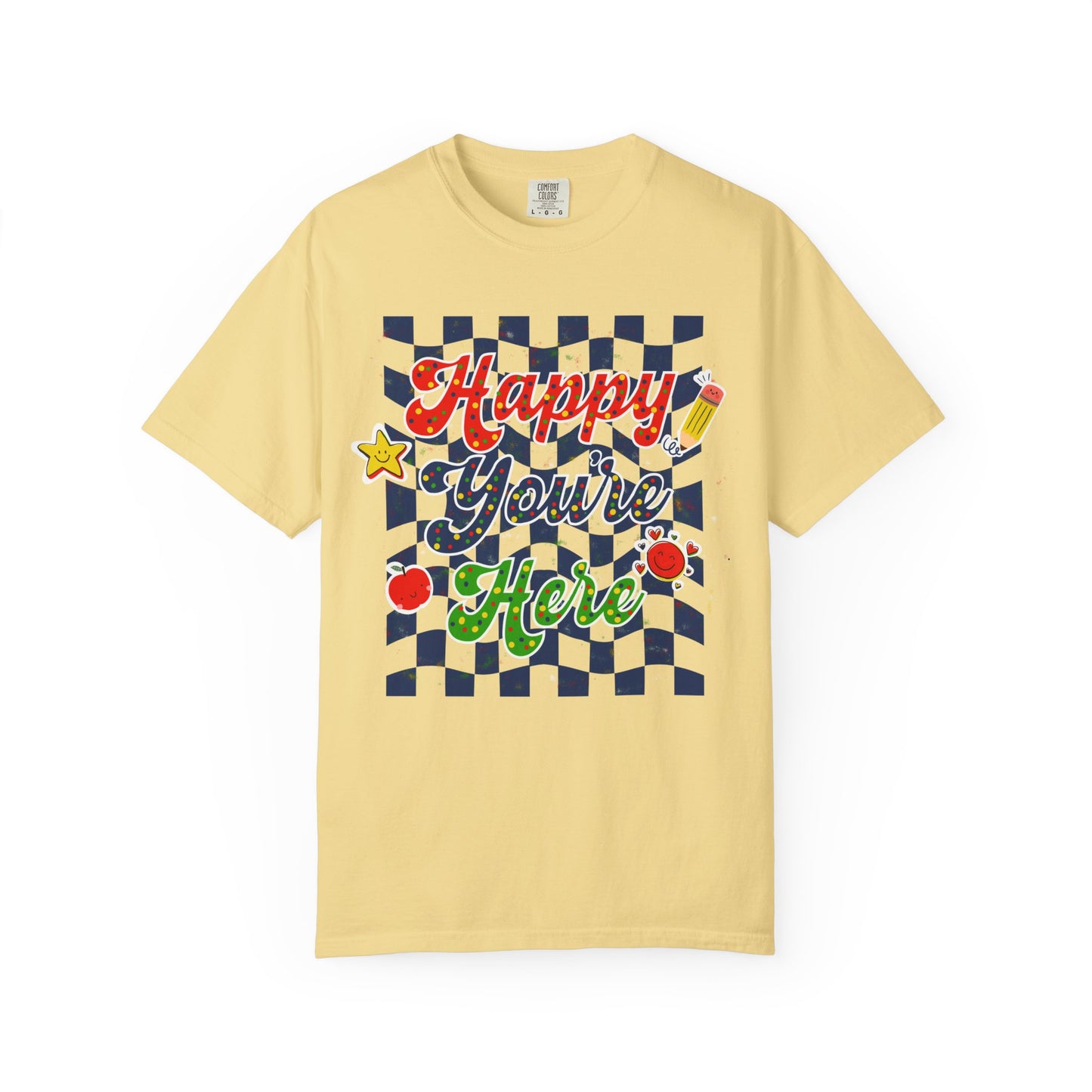 "Happy You're Here" Primary Colors Checkerboard T-Shirt | Retro Doodle Graphics - Unisex regular fit, round neck, short sleeve, cotton, printed, casual