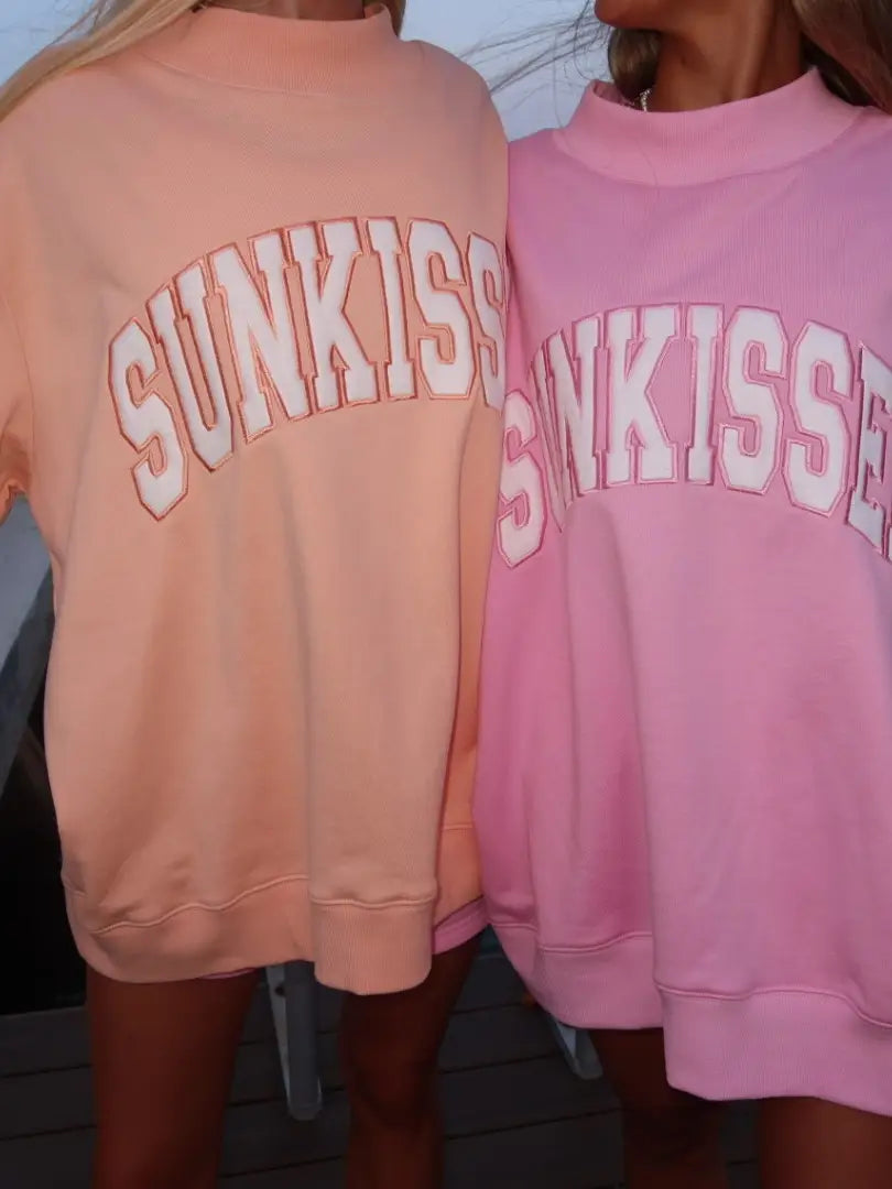 Lottie Pink Varsity Sunkissed Embroidered Mockneck Sweatshirt 100% Cotton