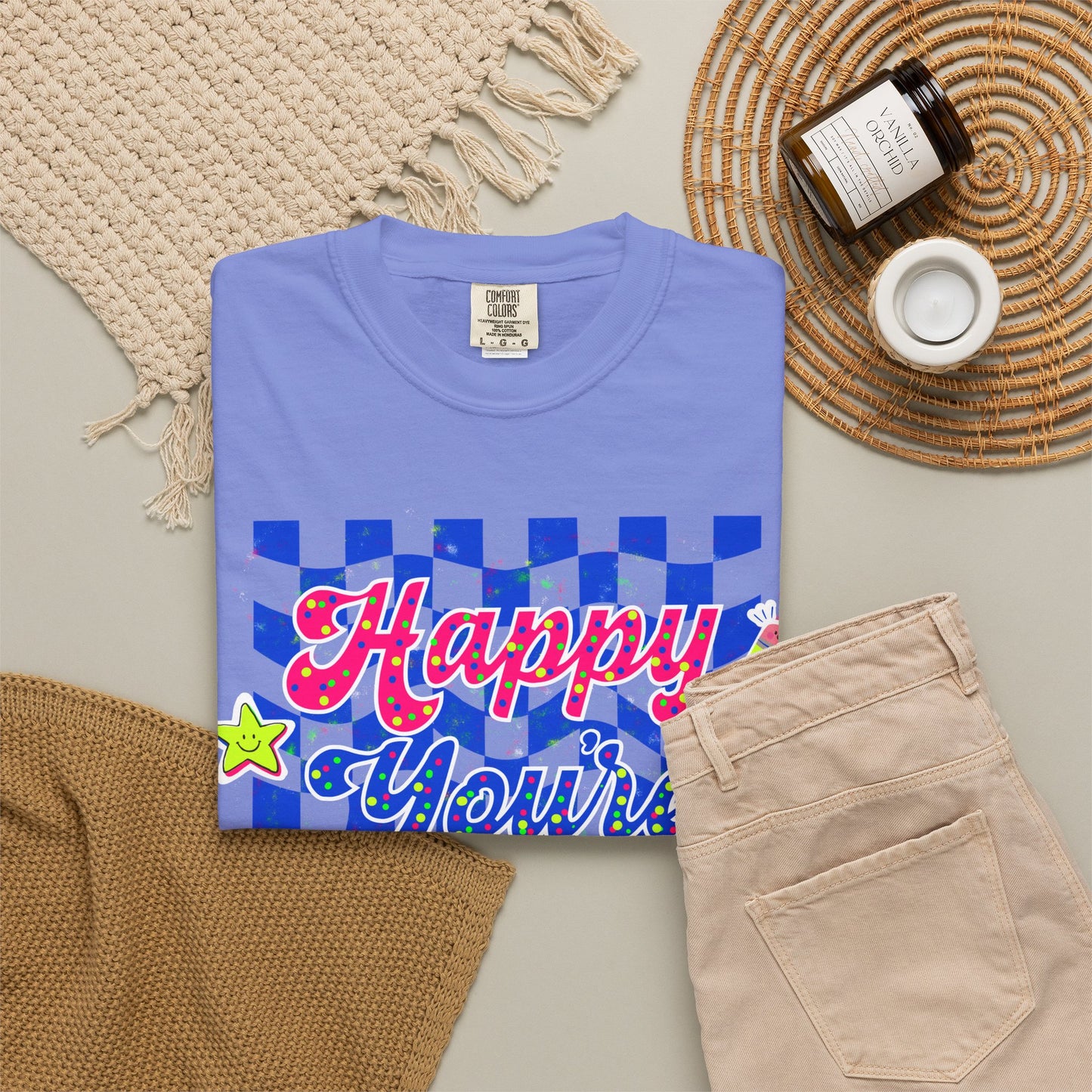 "Happy You're Here" Neon Colors Checkerboard T-Shirt | Retro Doodle Graphics - Unisex regular fit, round neck, short sleeve, cotton, printed, casual