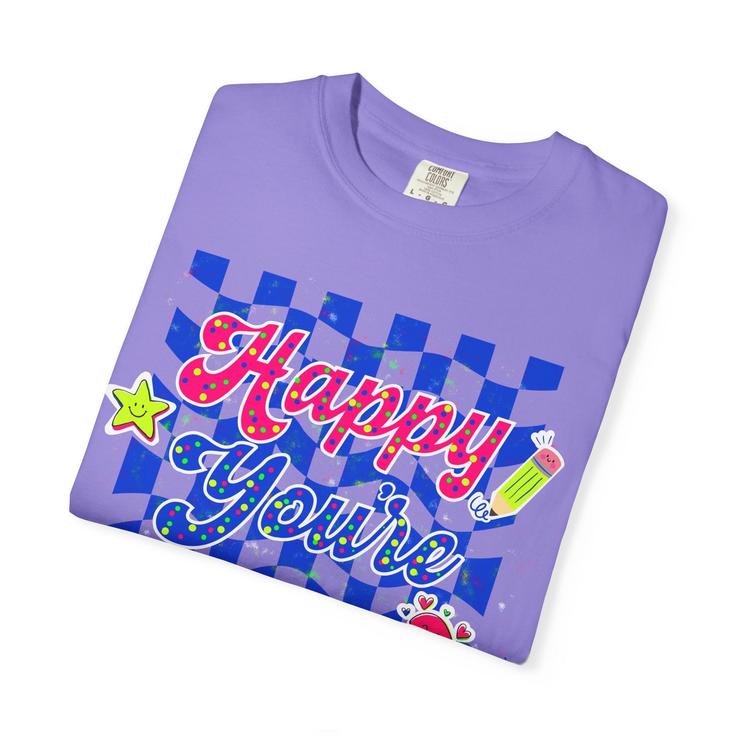 "Happy You're Here" Neon Colors Checkerboard T-Shirt | Retro Doodle Graphics - Unisex regular fit, round neck, short sleeve, cotton, printed, casual