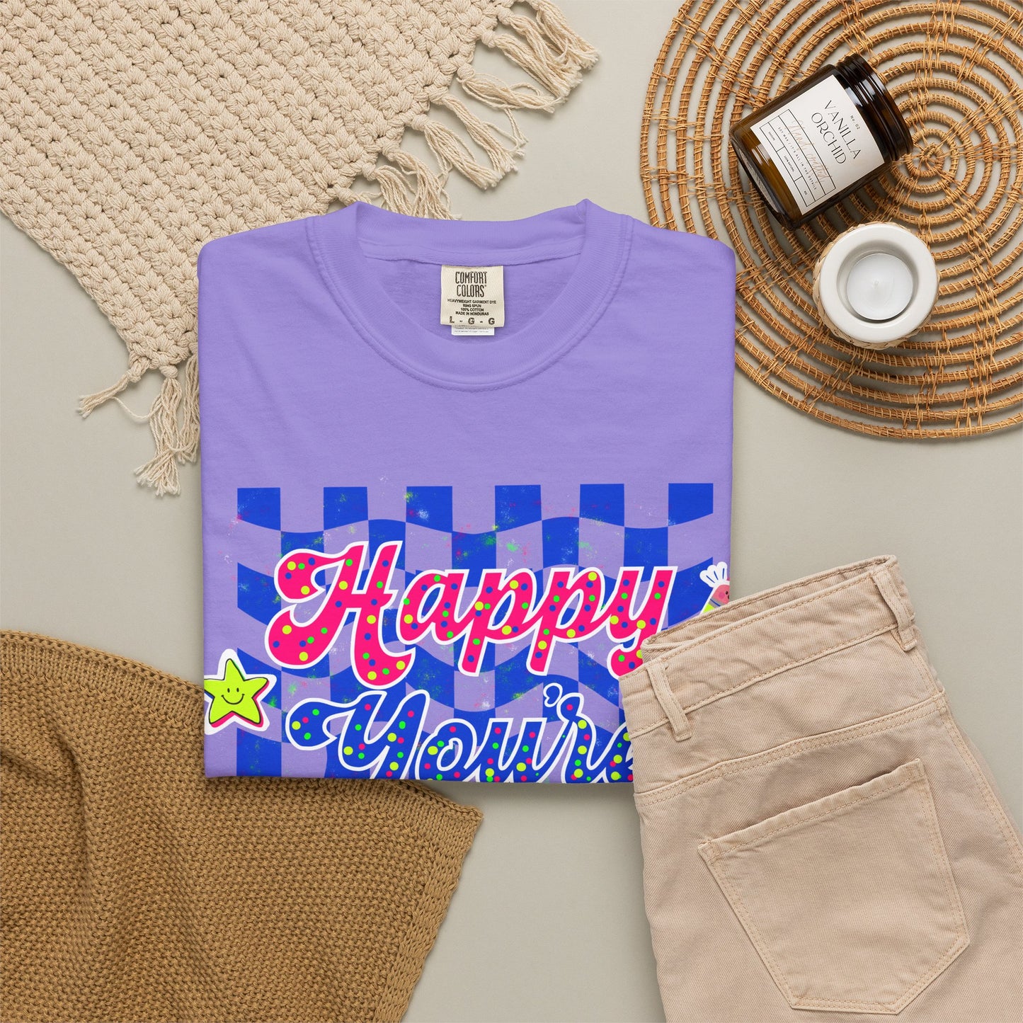 "Happy You're Here" Neon Colors Checkerboard T-Shirt | Retro Doodle Graphics - Unisex regular fit, round neck, short sleeve, cotton, printed, casual