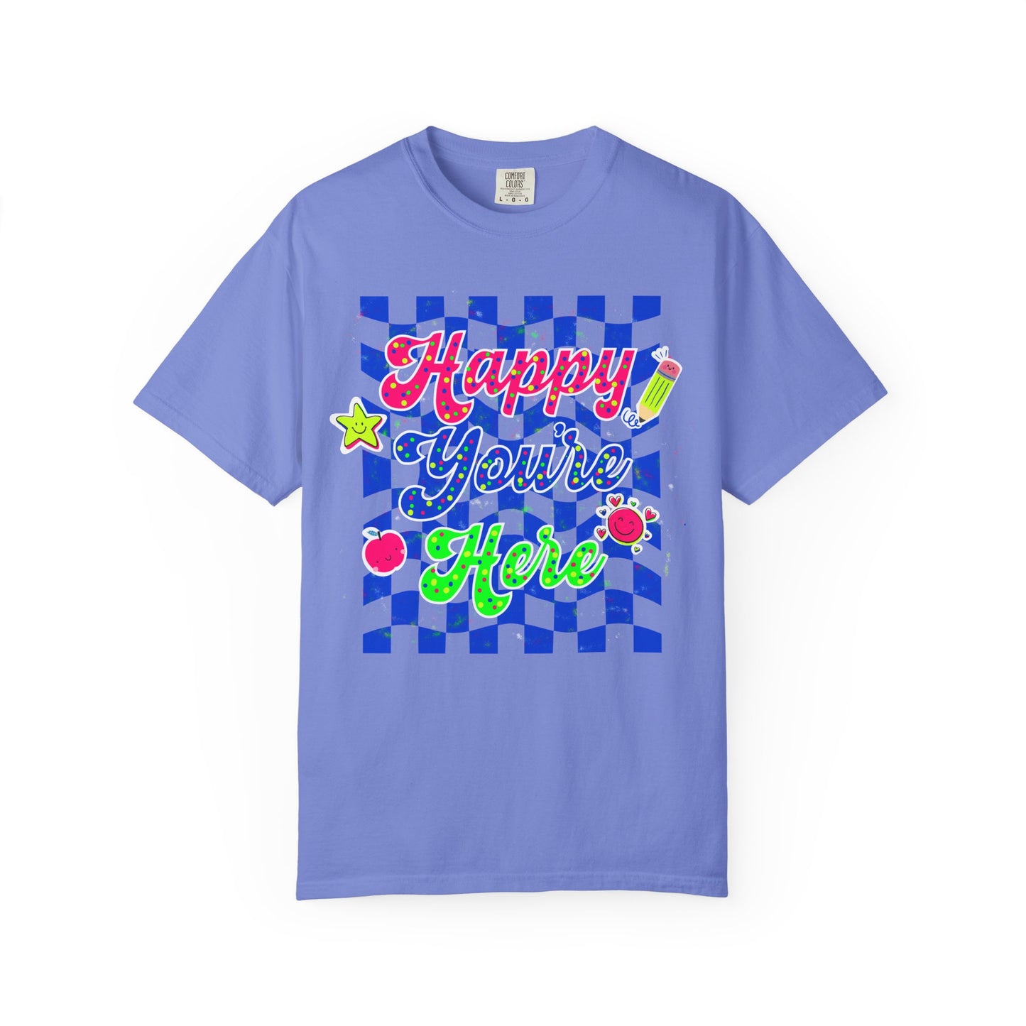 "Happy You're Here" Neon Colors Checkerboard T-Shirt | Retro Doodle Graphics - Unisex regular fit, round neck, short sleeve, cotton, printed, casual