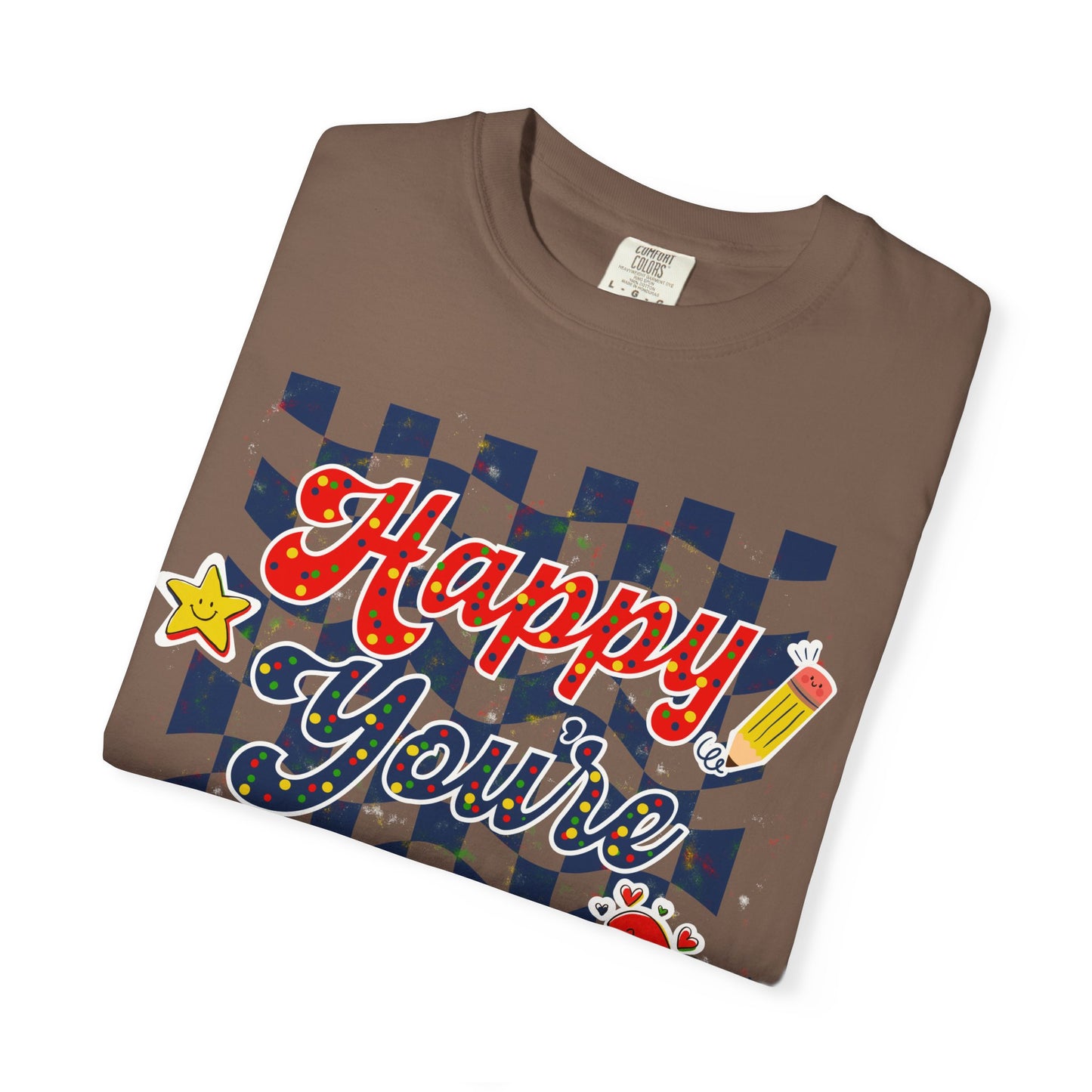 "Happy You're Here" Primary Colors Checkerboard T-Shirt | Retro Doodle Graphics - Unisex regular fit, round neck, short sleeve, cotton, printed, casual