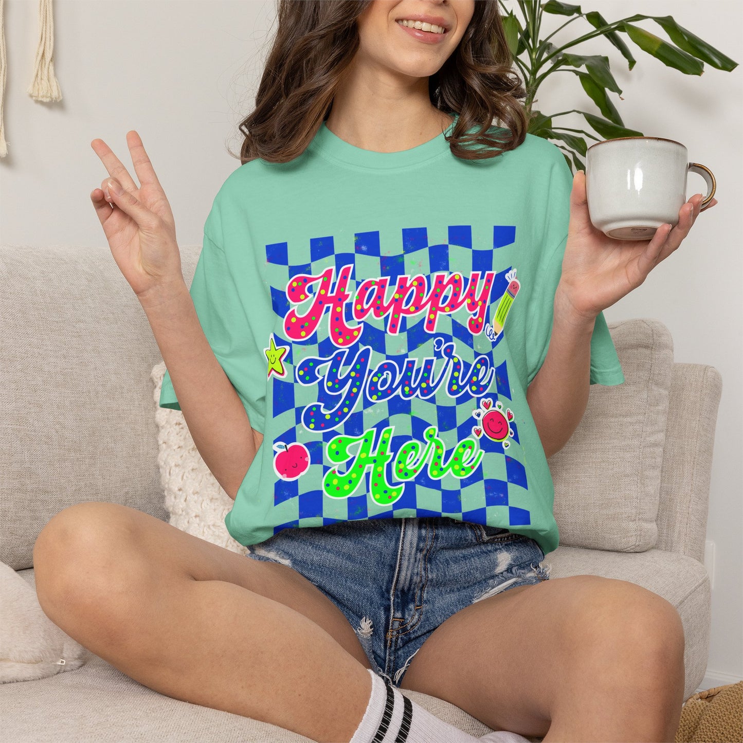 "Happy You're Here" Neon Colors Checkerboard T-Shirt | Retro Doodle Graphics - Unisex regular fit, round neck, short sleeve, cotton, printed, casual