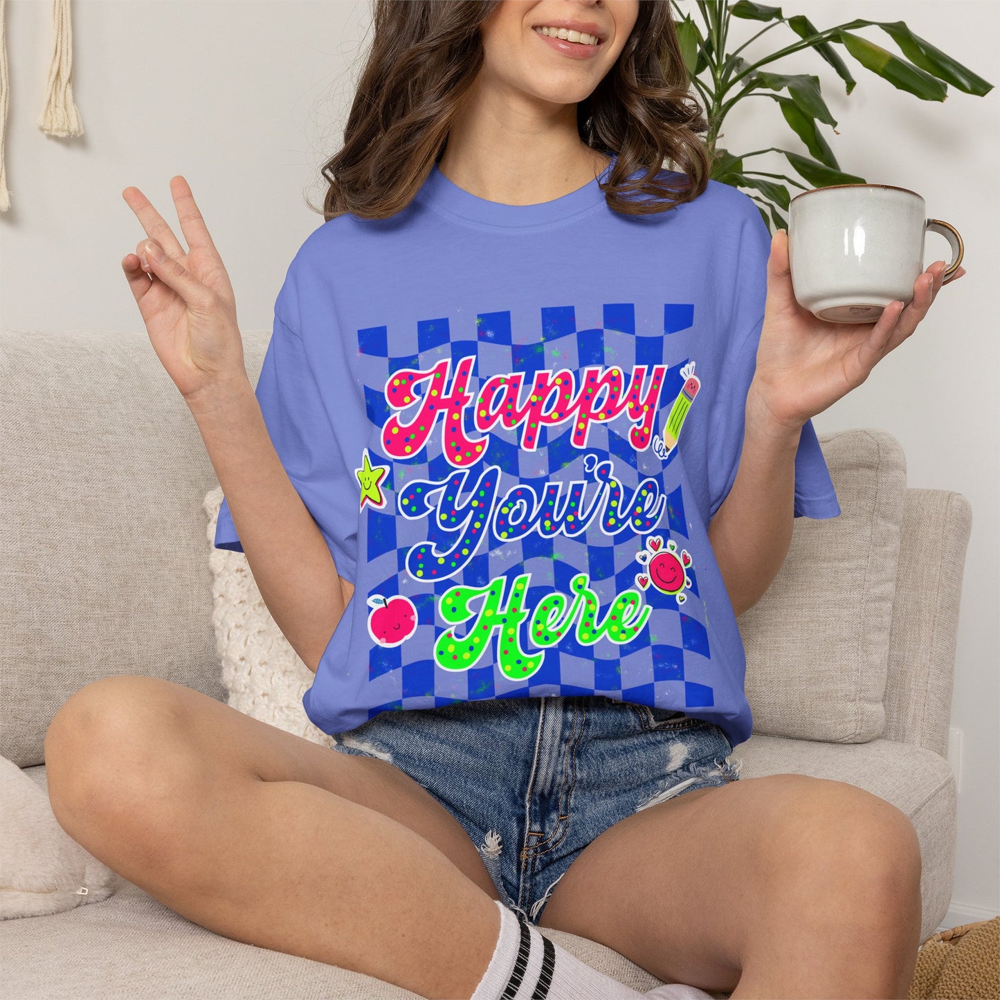 "Happy You're Here" Neon Colors Checkerboard T-Shirt | Retro Doodle Graphics - Unisex regular fit, round neck, short sleeve, cotton, printed, casual