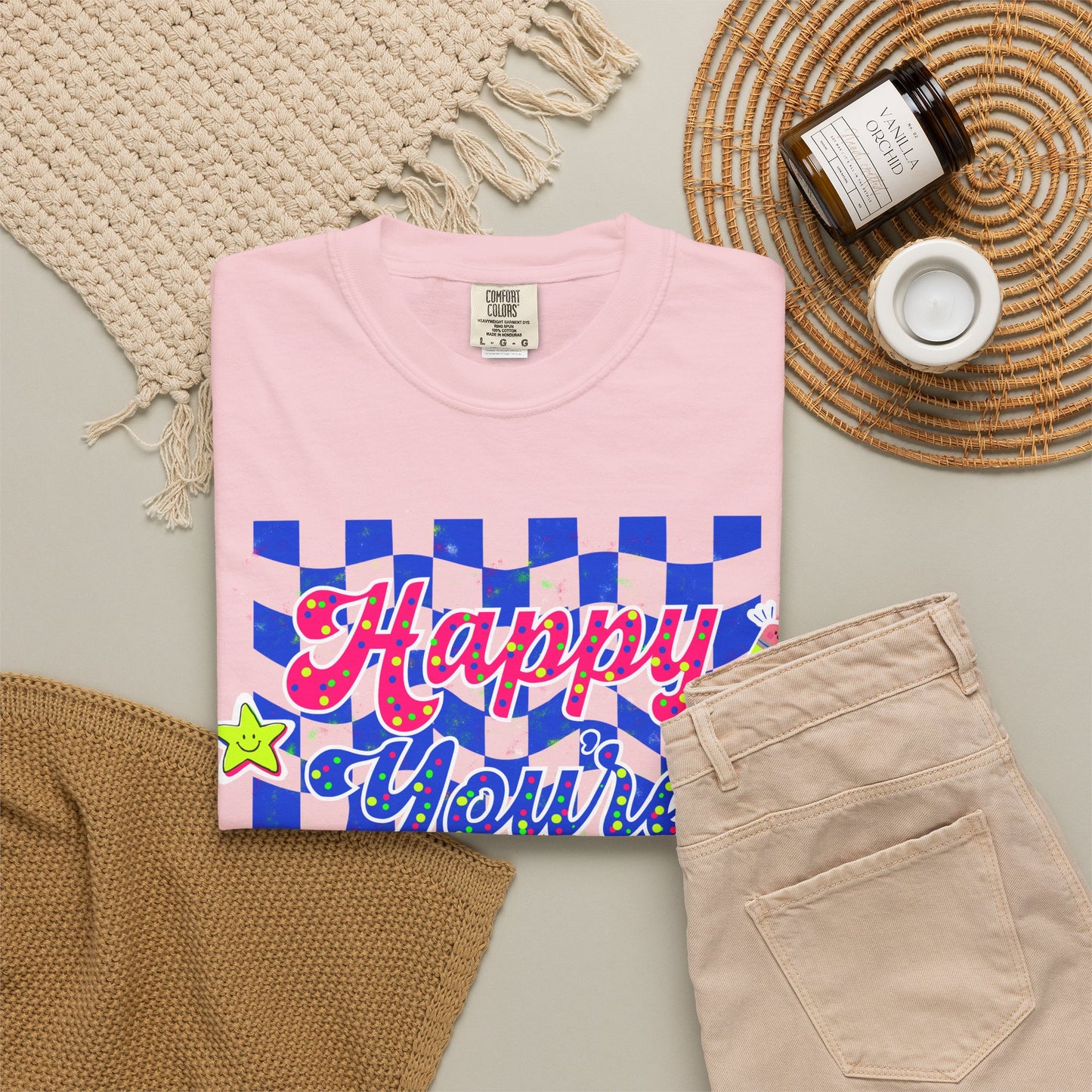 "Happy You're Here" Neon Colors Checkerboard T-Shirt | Retro Doodle Graphics - Unisex regular fit, round neck, short sleeve, cotton, printed, casual