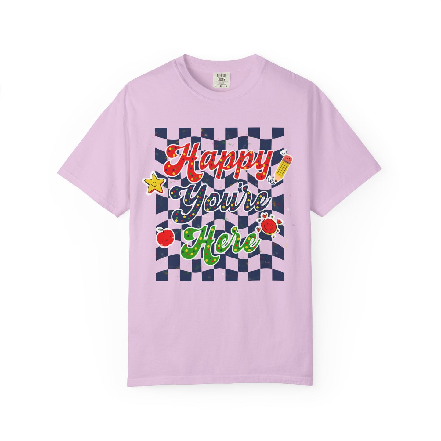 "Happy You're Here" Primary Colors Checkerboard T-Shirt | Retro Doodle Graphics - Unisex regular fit, round neck, short sleeve, cotton, printed, casual