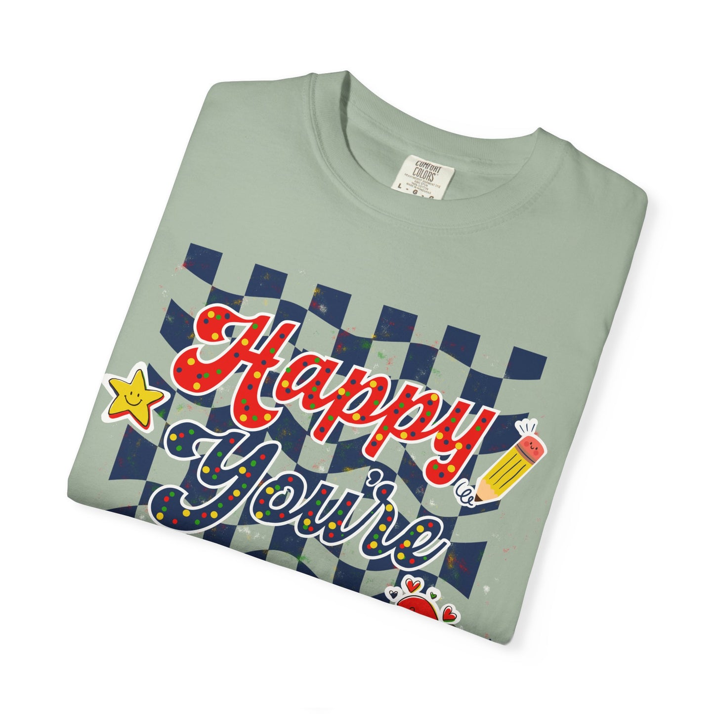 "Happy You're Here" Primary Colors Checkerboard T-Shirt | Retro Doodle Graphics - Unisex regular fit, round neck, short sleeve, cotton, printed, casual