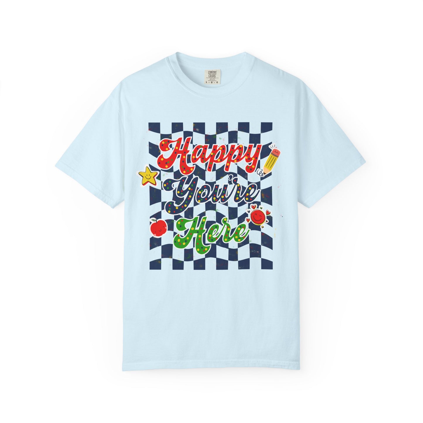 "Happy You're Here" Primary Colors Checkerboard T-Shirt | Retro Doodle Graphics - Unisex regular fit, round neck, short sleeve, cotton, printed, casual