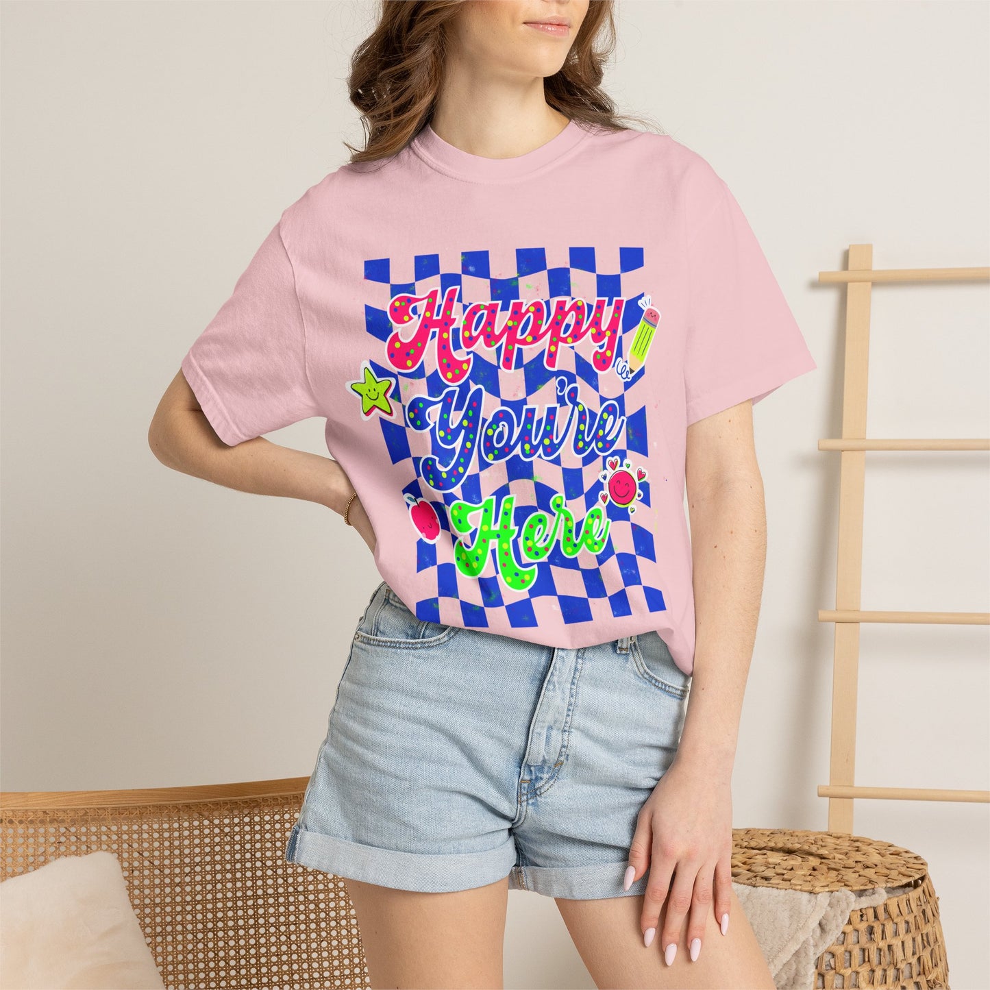 "Happy You're Here" Neon Colors Checkerboard T-Shirt | Retro Doodle Graphics - Unisex regular fit, round neck, short sleeve, cotton, printed, casual