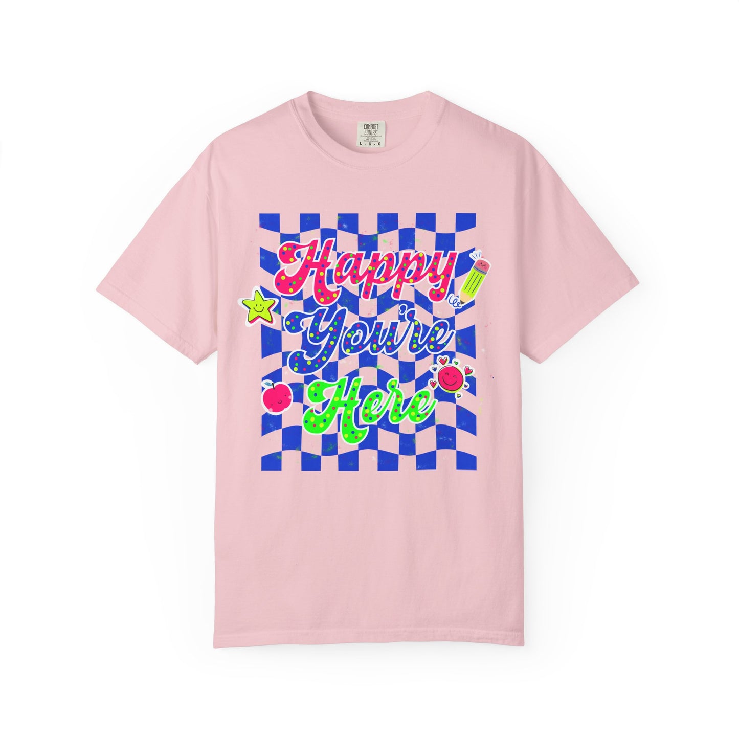 "Happy You're Here" Neon Colors Checkerboard T-Shirt | Retro Doodle Graphics - Unisex regular fit, round neck, short sleeve, cotton, printed, casual