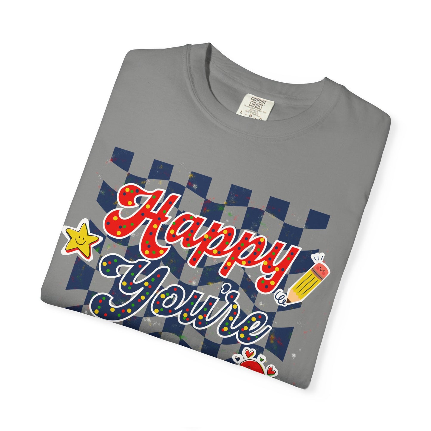 "Happy You're Here" Primary Colors Checkerboard T-Shirt | Retro Doodle Graphics - Unisex regular fit, round neck, short sleeve, cotton, printed, casual