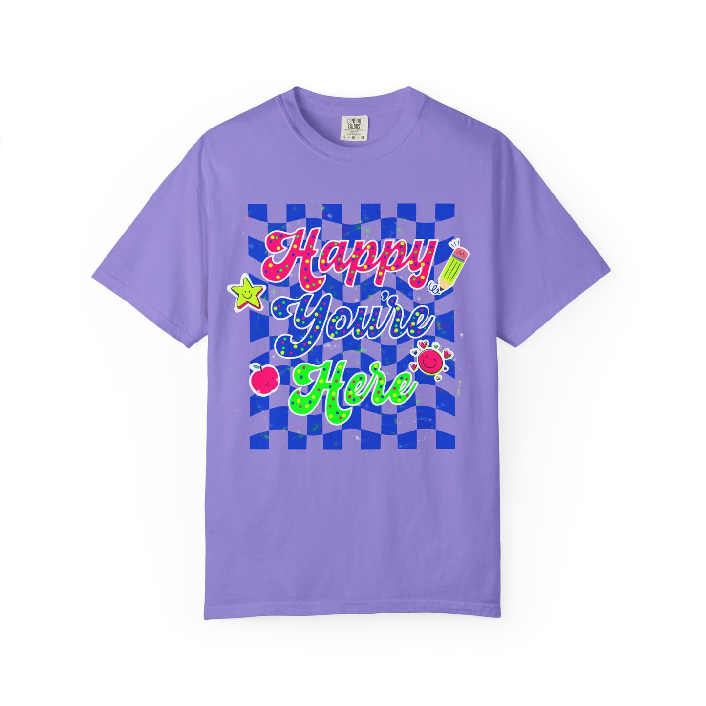 "Happy You're Here" Neon Colors Checkerboard T-Shirt | Retro Doodle Graphics - Unisex regular fit, round neck, short sleeve, cotton, printed, casual