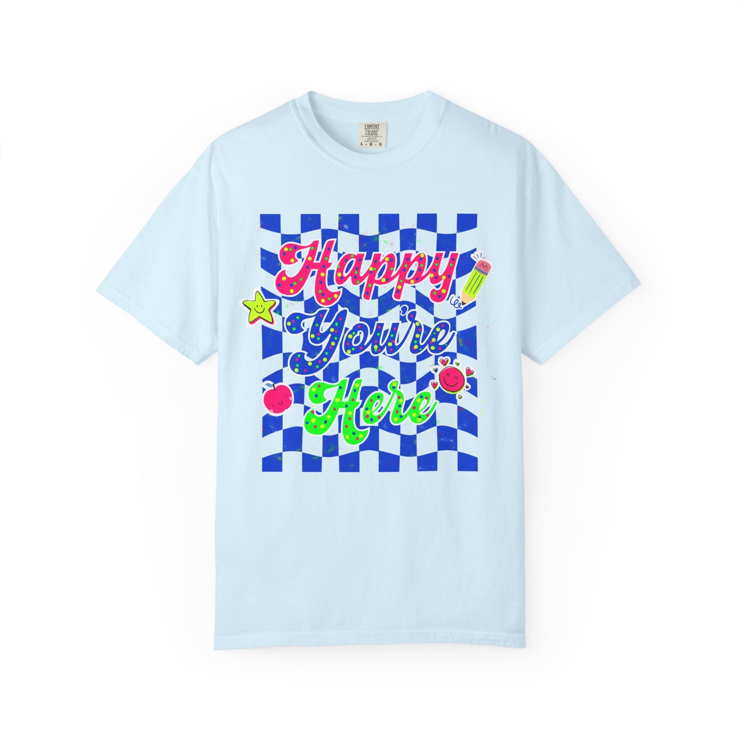 "Happy You're Here" Neon Colors Checkerboard T-Shirt | Retro Doodle Graphics - Unisex regular fit, round neck, short sleeve, cotton, printed, casual