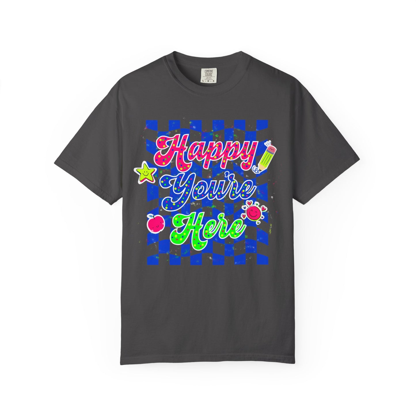 "Happy You're Here" Neon Colors Checkerboard T-Shirt | Retro Doodle Graphics - Unisex regular fit, round neck, short sleeve, cotton, printed, casual