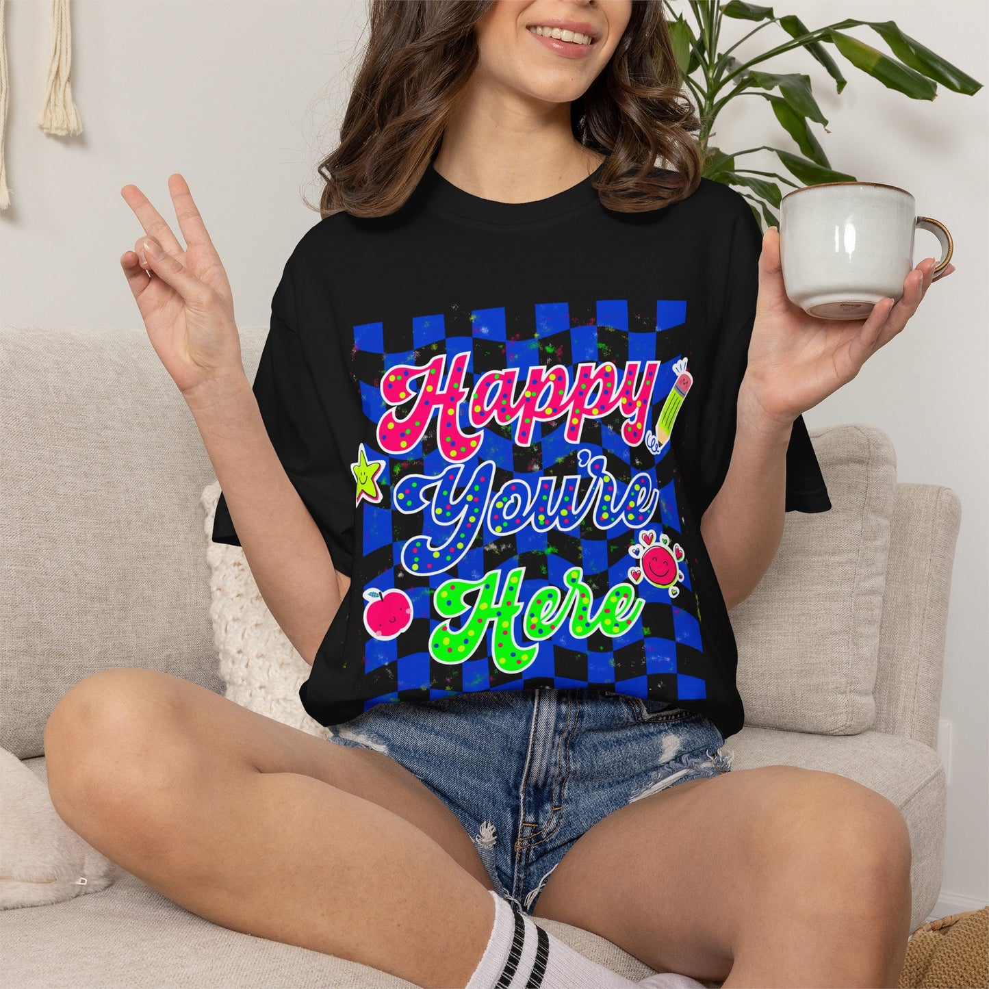 "Happy You're Here" Neon Colors Checkerboard T-Shirt | Retro Doodle Graphics - Unisex regular fit, round neck, short sleeve, cotton, printed, casual