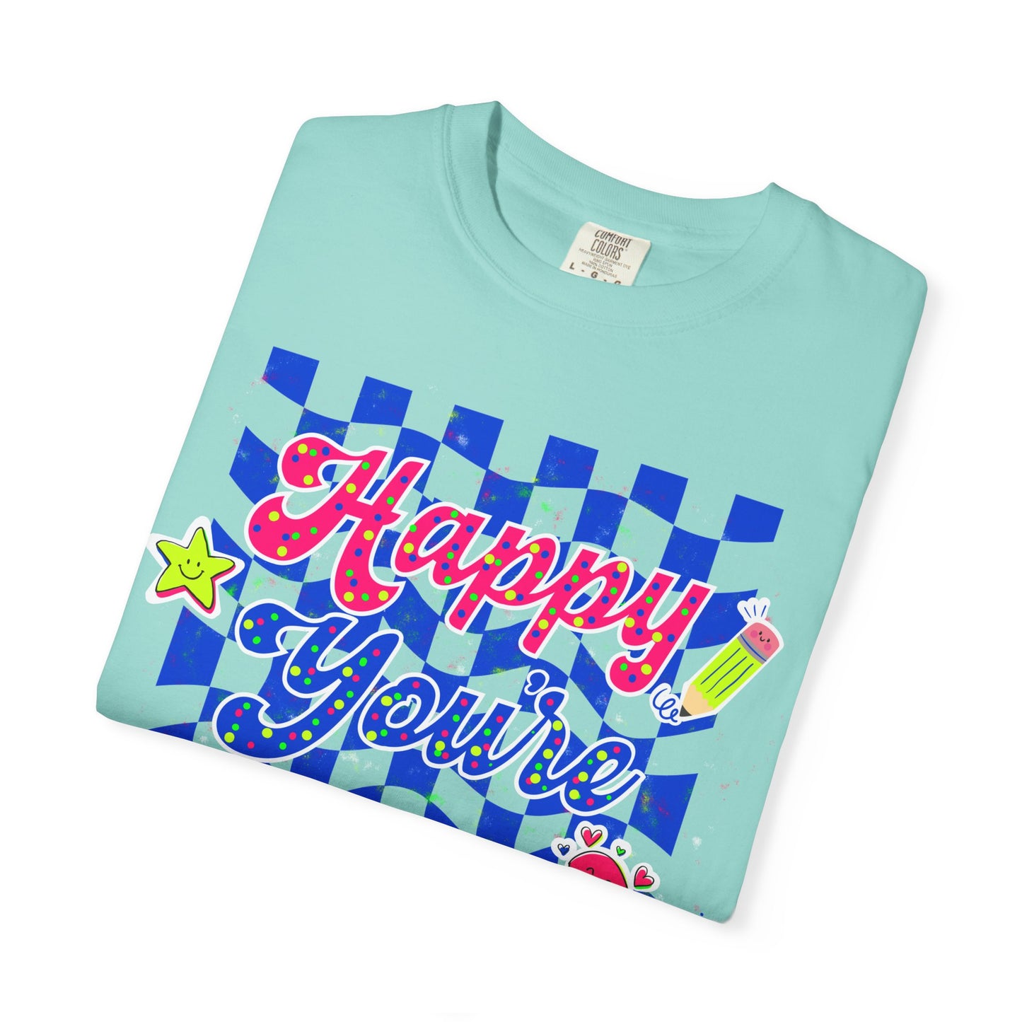"Happy You're Here" Neon Colors Checkerboard T-Shirt | Retro Doodle Graphics - Unisex regular fit, round neck, short sleeve, cotton, printed, casual