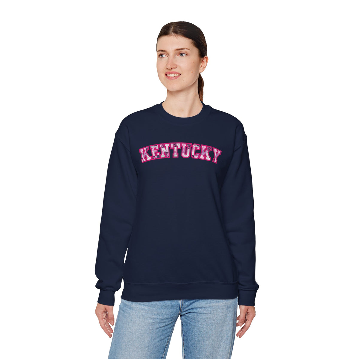 Kentucky Pink Plaid Crewneck Sweatshirt | State Pride, Retro Block Letters