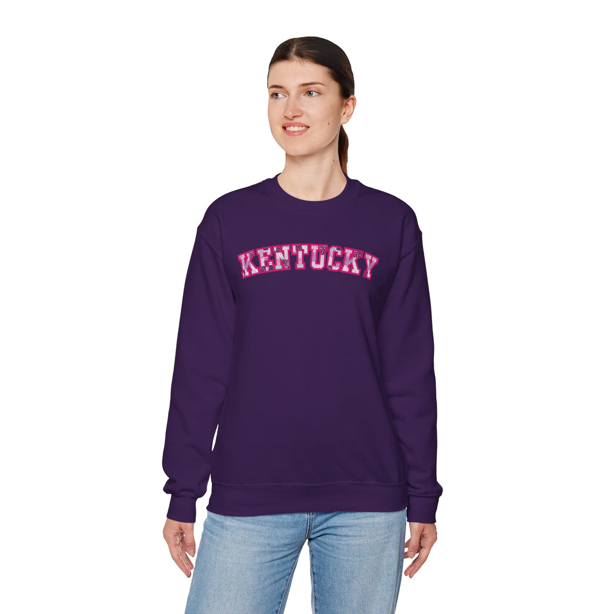 Kentucky Pink Plaid Crewneck Sweatshirt | State Pride, Retro Block Letters
