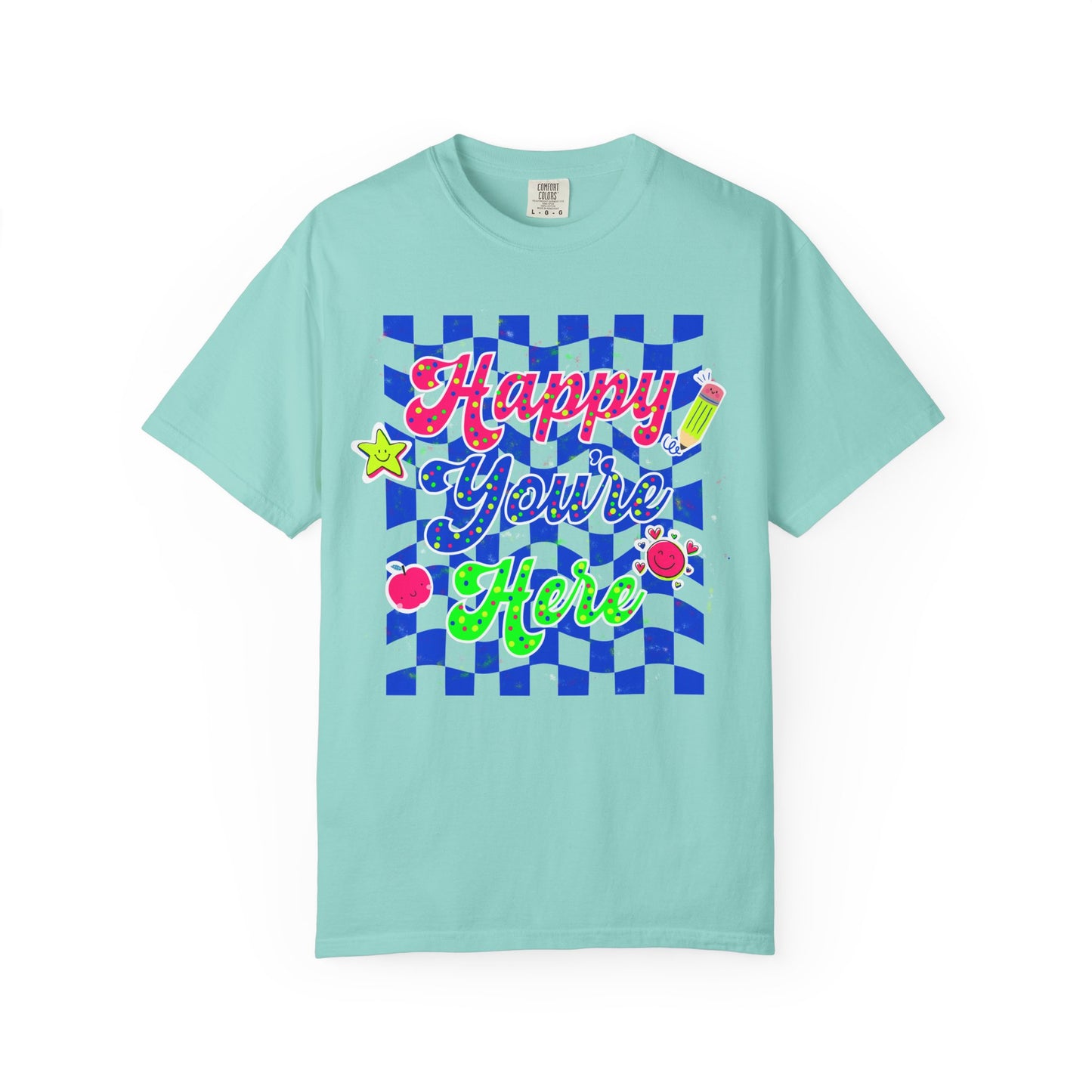 "Happy You're Here" Neon Colors Checkerboard T-Shirt | Retro Doodle Graphics - Unisex regular fit, round neck, short sleeve, cotton, printed, casual