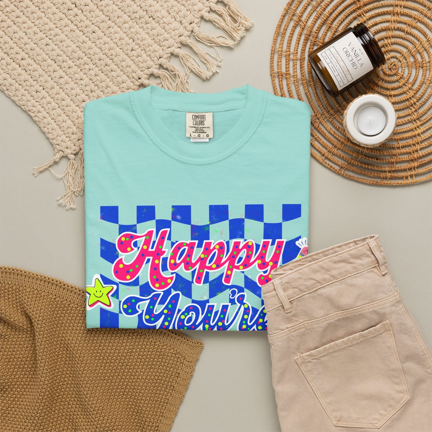 "Happy You're Here" Neon Colors Checkerboard T-Shirt | Retro Doodle Graphics - Unisex regular fit, round neck, short sleeve, cotton, printed, casual