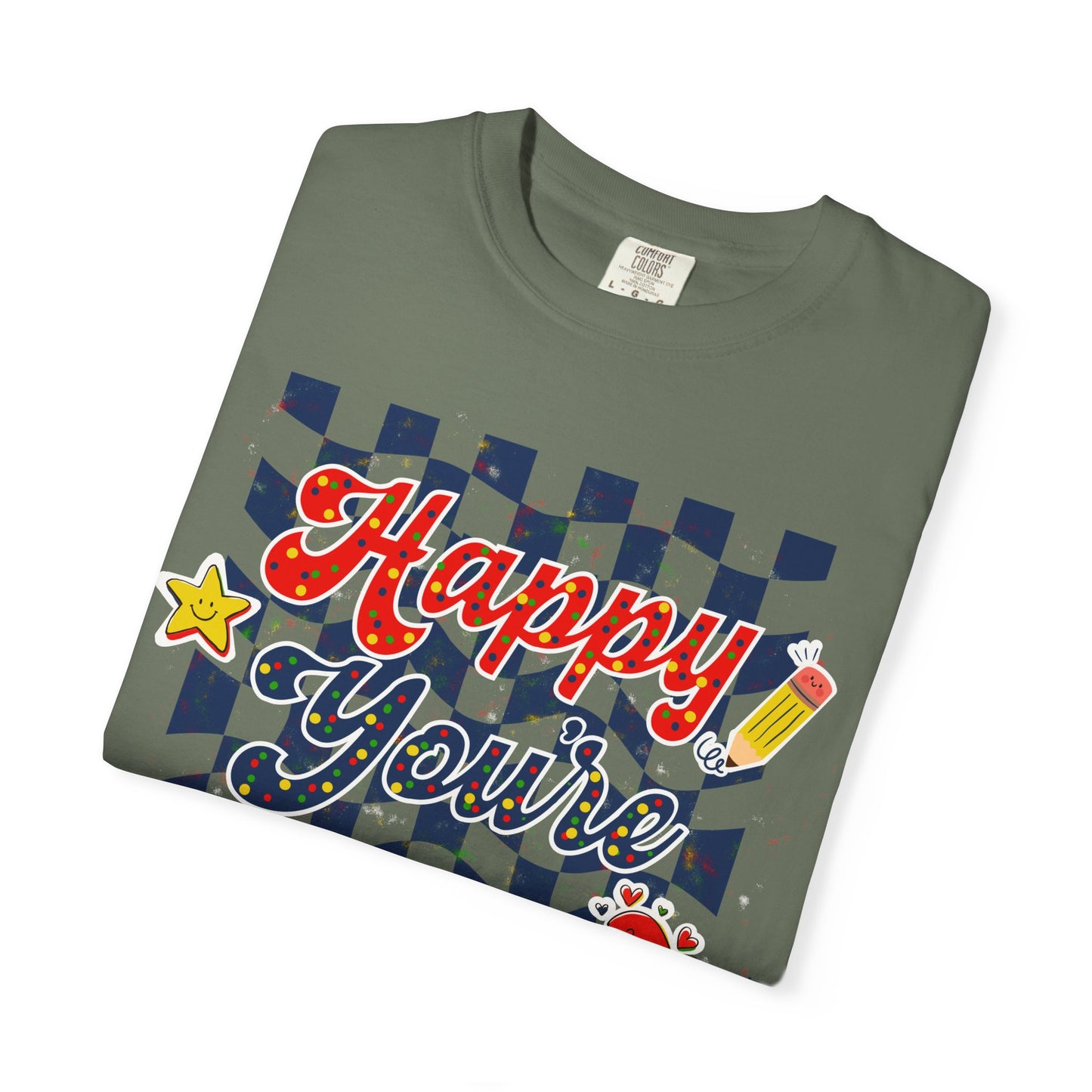"Happy You're Here" Primary Colors Checkerboard T-Shirt | Retro Doodle Graphics - Unisex regular fit, round neck, short sleeve, cotton, printed, casual