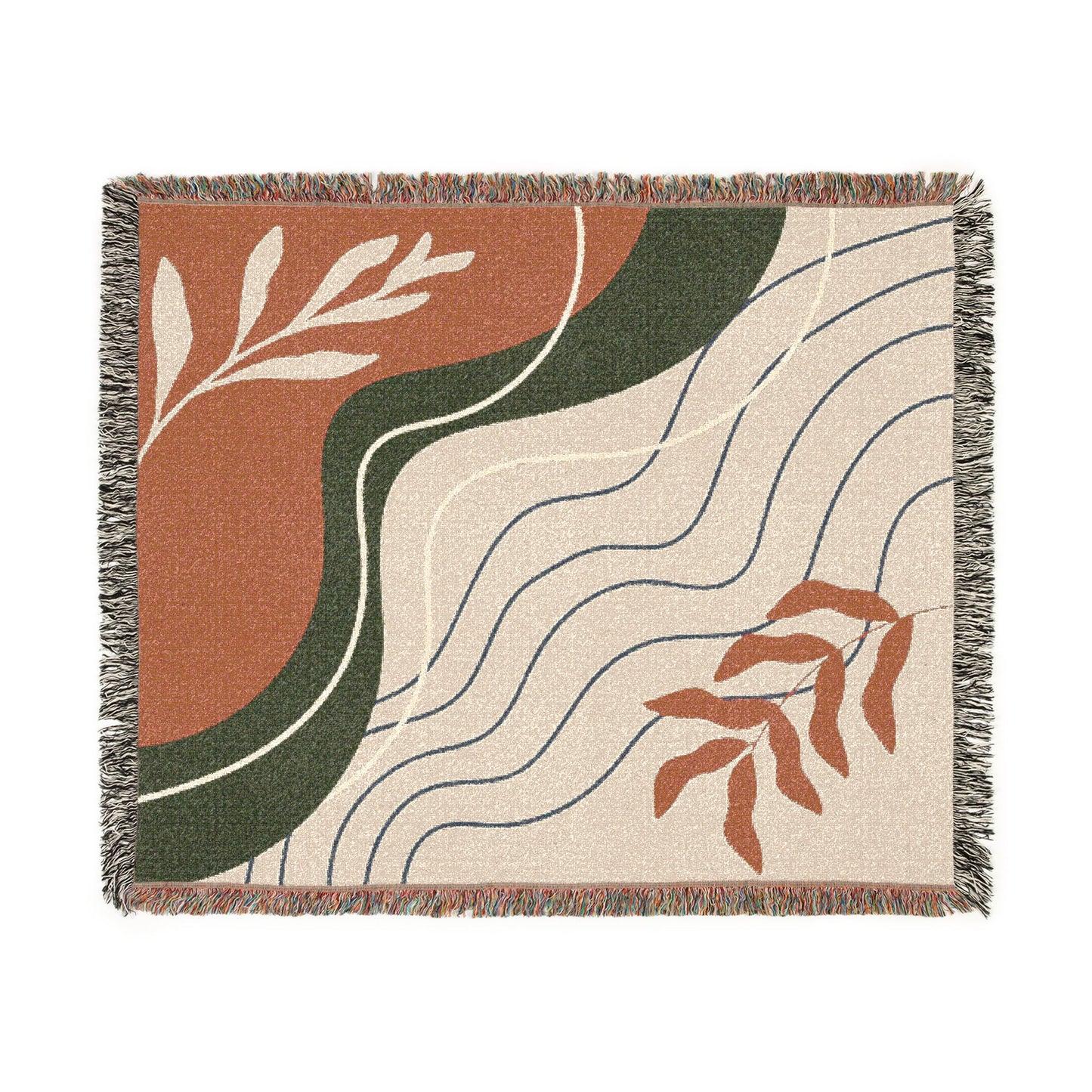 Mid Century Abstract Botanical Woven Blanket — Earth Tone Decorative Throw