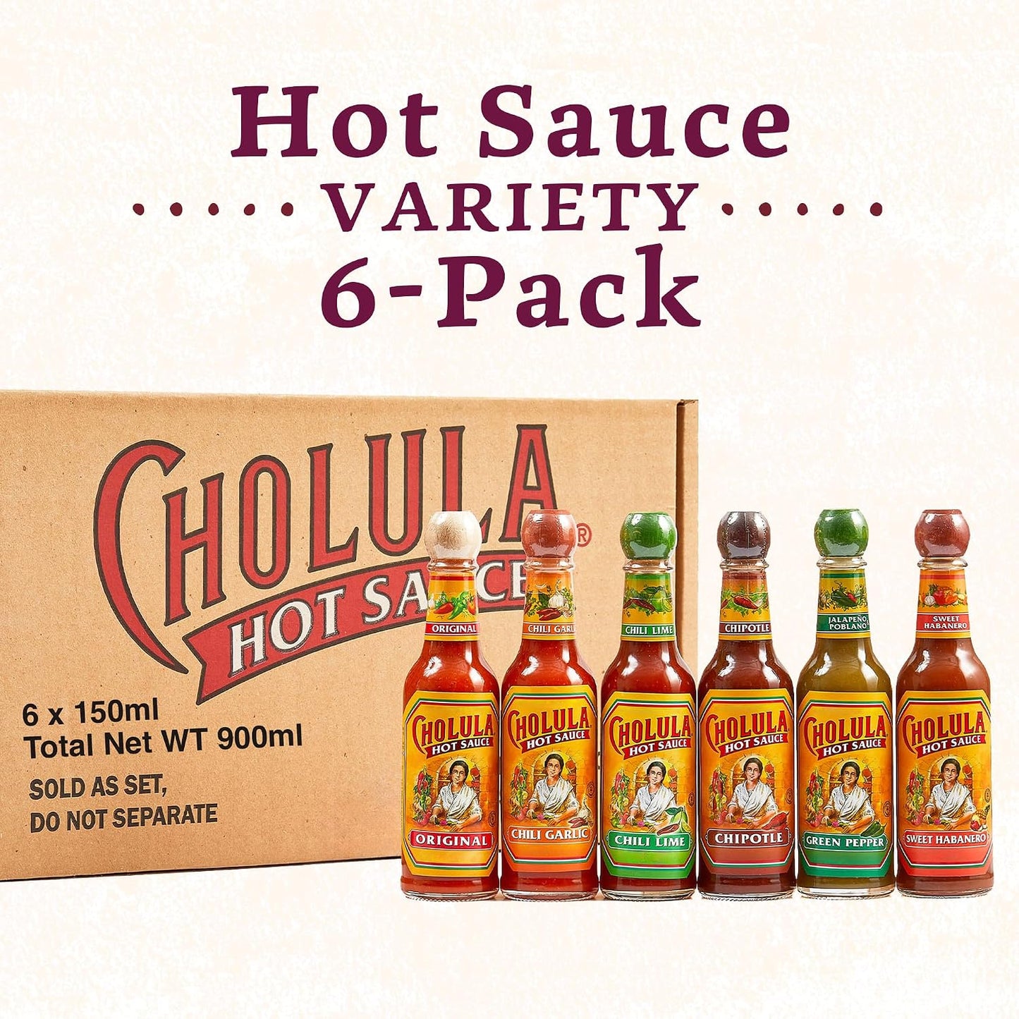 Cholula Hot Sauce Variety Pack, Product of Mexico, Gift Set Includes Six 5 Fl Oz Signature Cholula Hot Sauces for Eggs, Pizza, Mexican Dishes, and More, 30 fl oz