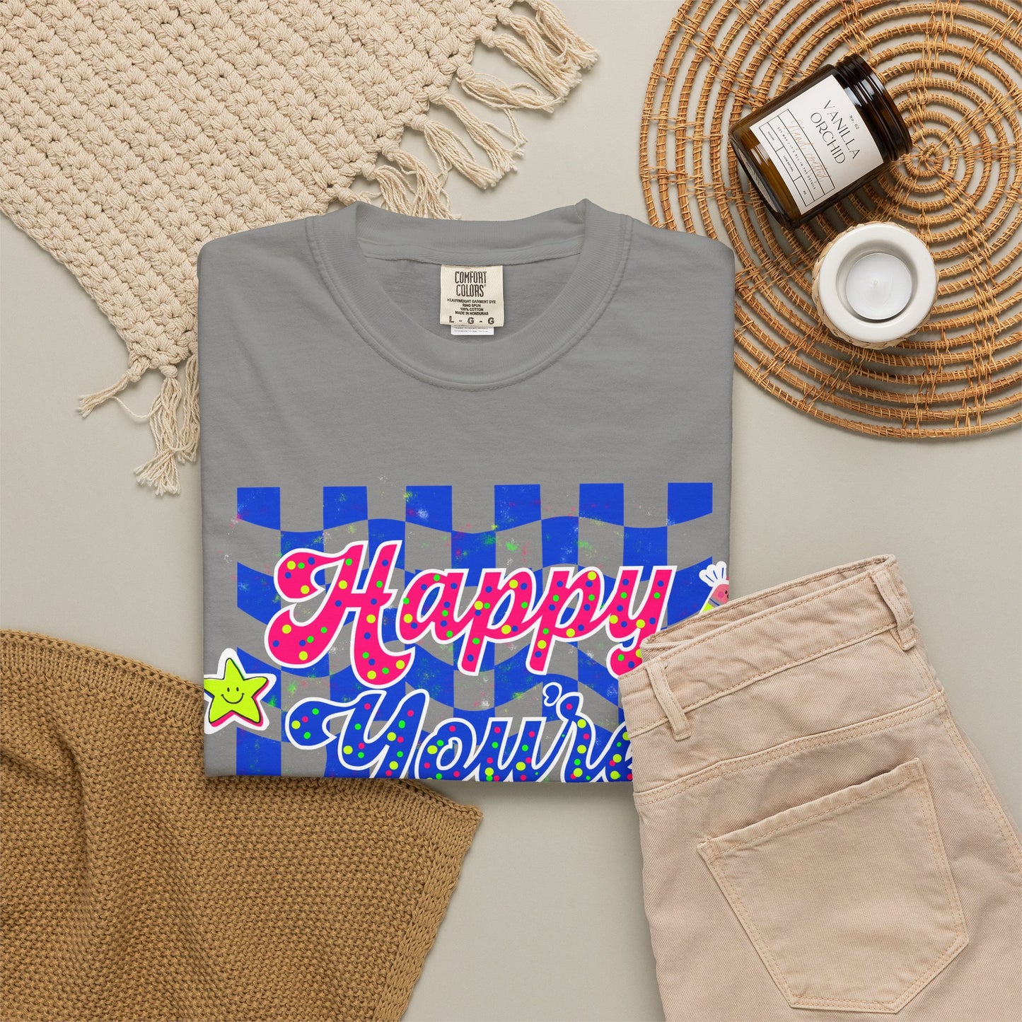"Happy You're Here" Neon Colors Checkerboard T-Shirt | Retro Doodle Graphics - Unisex regular fit, round neck, short sleeve, cotton, printed, casual