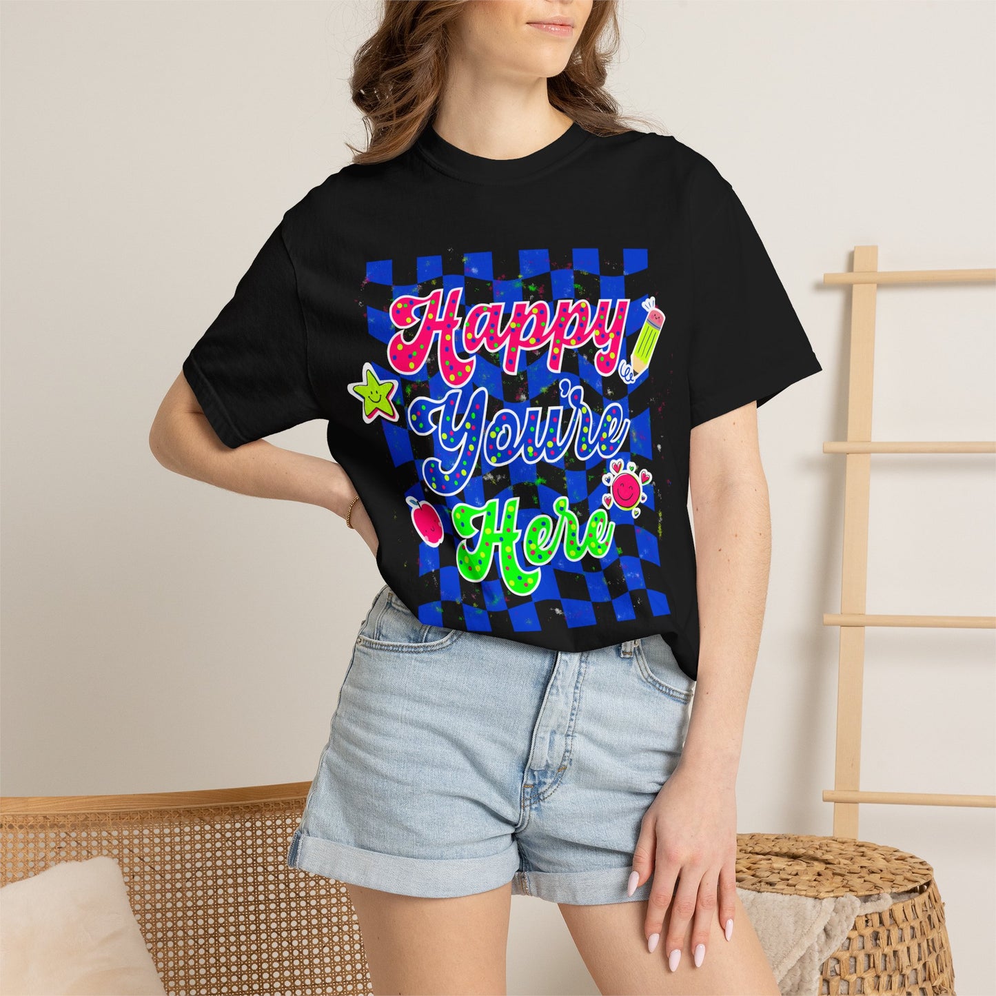 "Happy You're Here" Neon Colors Checkerboard T-Shirt | Retro Doodle Graphics - Unisex regular fit, round neck, short sleeve, cotton, printed, casual