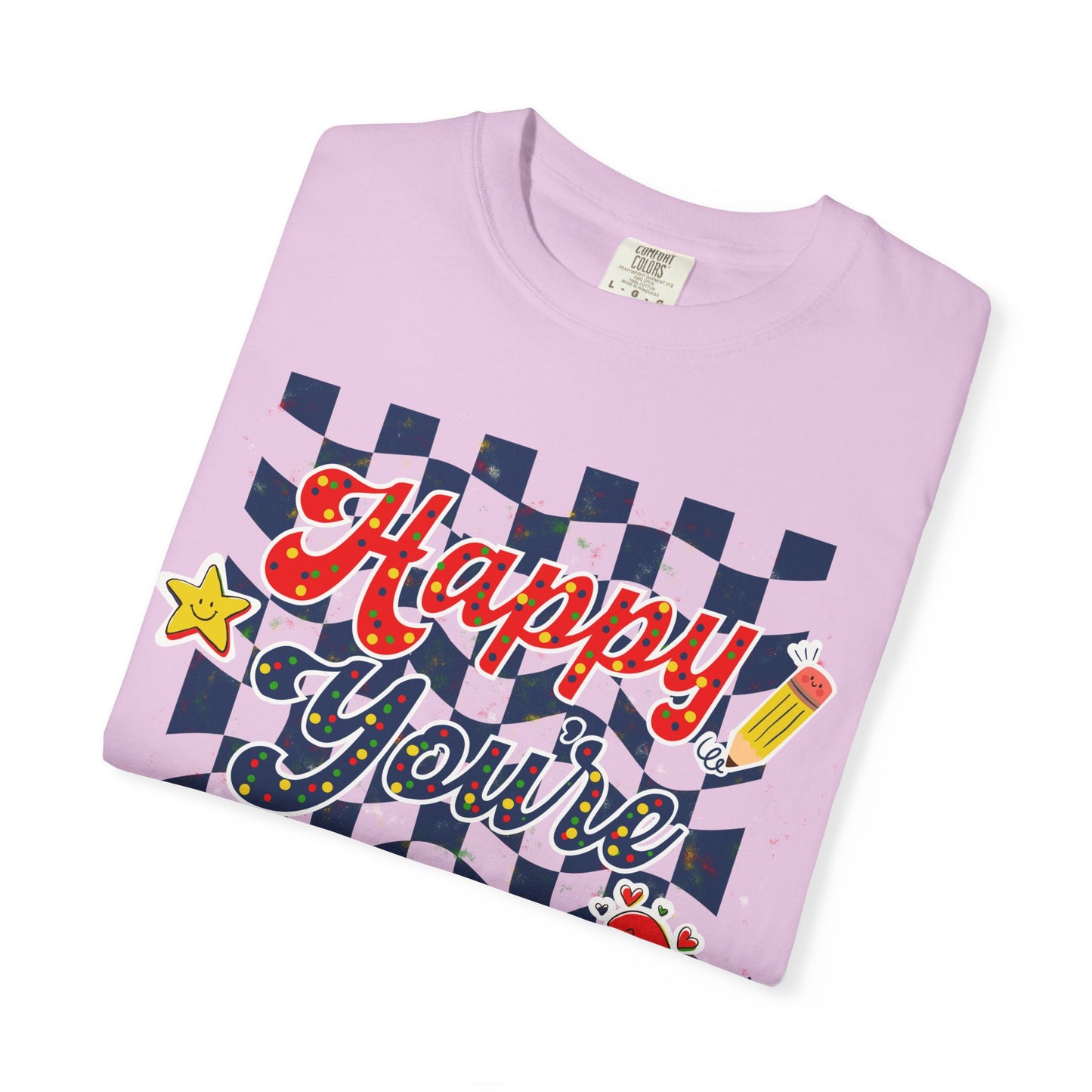 "Happy You're Here" Primary Colors Checkerboard T-Shirt | Retro Doodle Graphics - Unisex regular fit, round neck, short sleeve, cotton, printed, casual