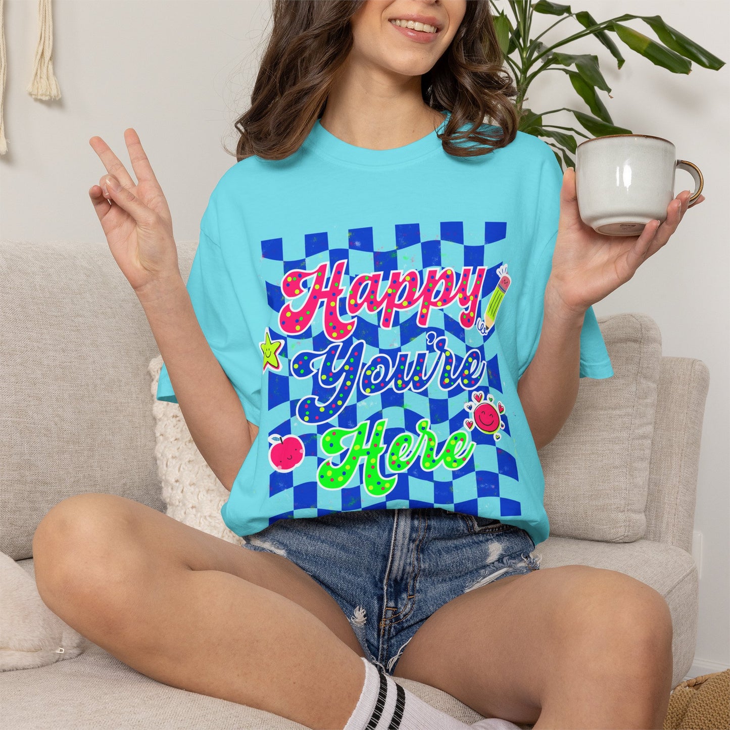 "Happy You're Here" Neon Colors Checkerboard T-Shirt | Retro Doodle Graphics - Unisex regular fit, round neck, short sleeve, cotton, printed, casual