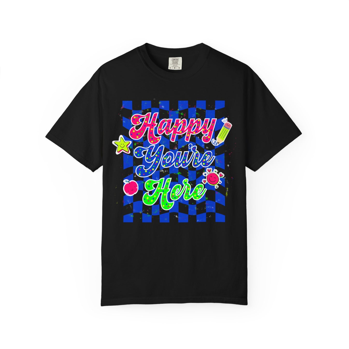 "Happy You're Here" Neon Colors Checkerboard T-Shirt | Retro Doodle Graphics - Unisex regular fit, round neck, short sleeve, cotton, printed, casual