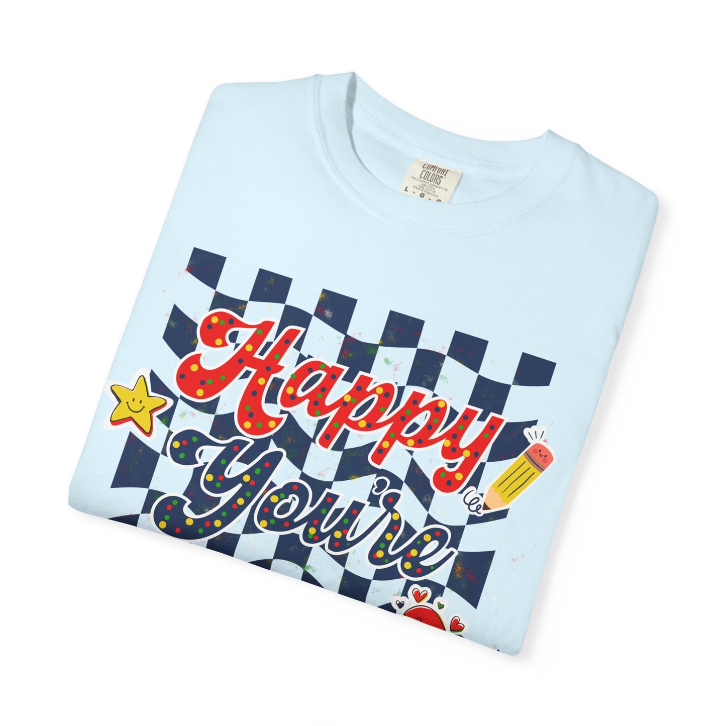 "Happy You're Here" Primary Colors Checkerboard T-Shirt | Retro Doodle Graphics - Unisex regular fit, round neck, short sleeve, cotton, printed, casual
