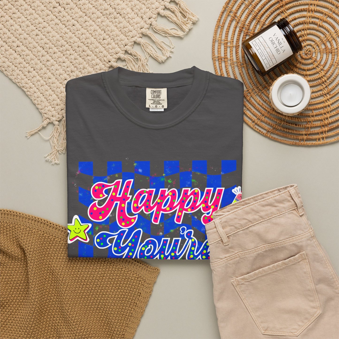 "Happy You're Here" Neon Colors Checkerboard T-Shirt | Retro Doodle Graphics - Unisex regular fit, round neck, short sleeve, cotton, printed, casual