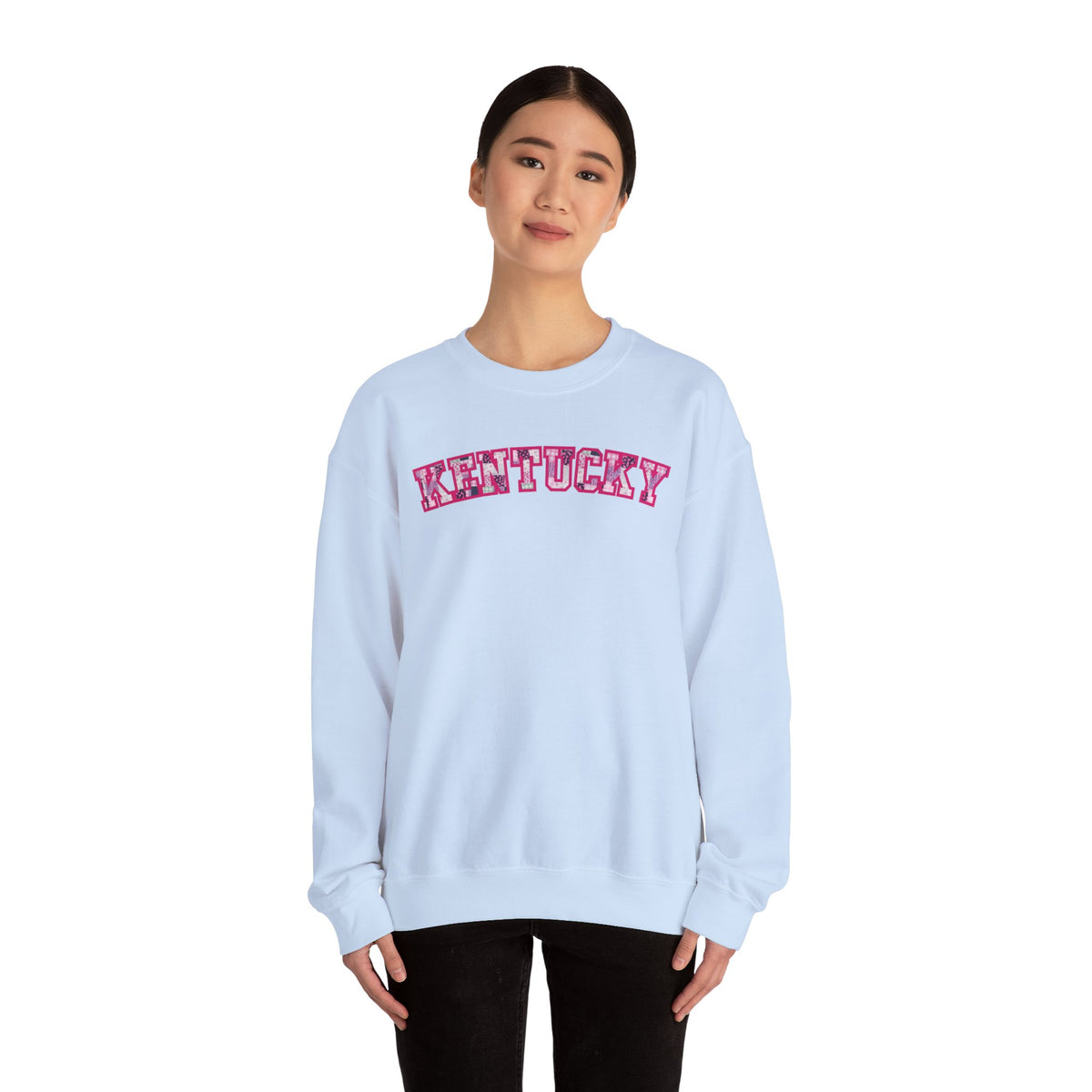 Kentucky Pink Plaid Crewneck Sweatshirt | State Pride, Retro Block Letters