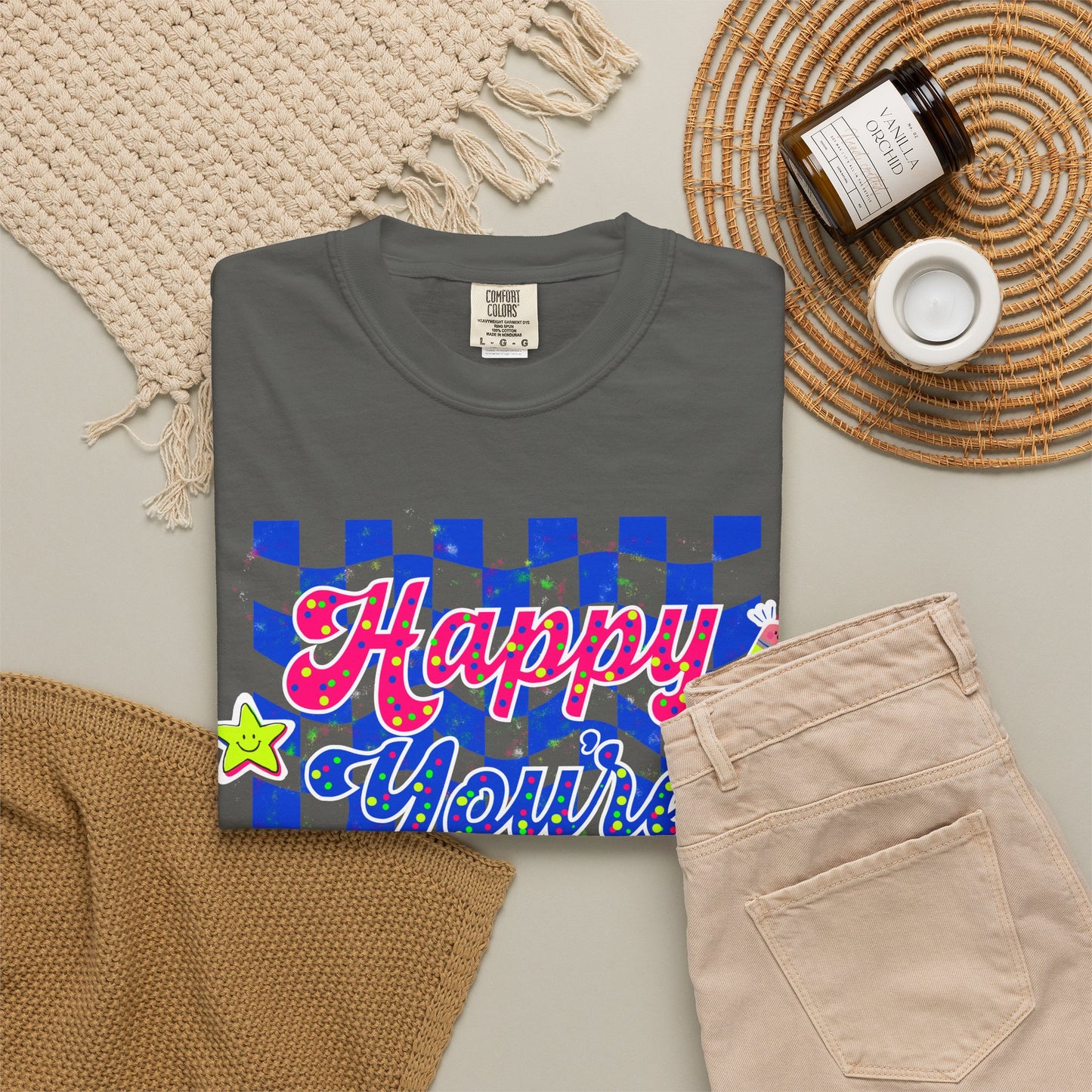 "Happy You're Here" Neon Colors Checkerboard T-Shirt | Retro Doodle Graphics - Unisex regular fit, round neck, short sleeve, cotton, printed, casual