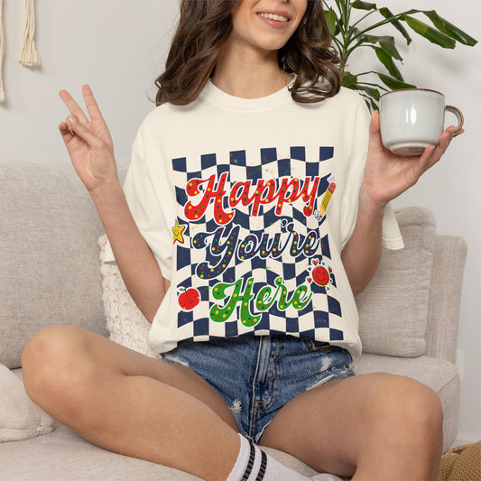 "Happy You're Here" Primary Colors Checkerboard T-Shirt | Retro Doodle Graphics - Unisex regular fit, round neck, short sleeve, cotton, printed, casual