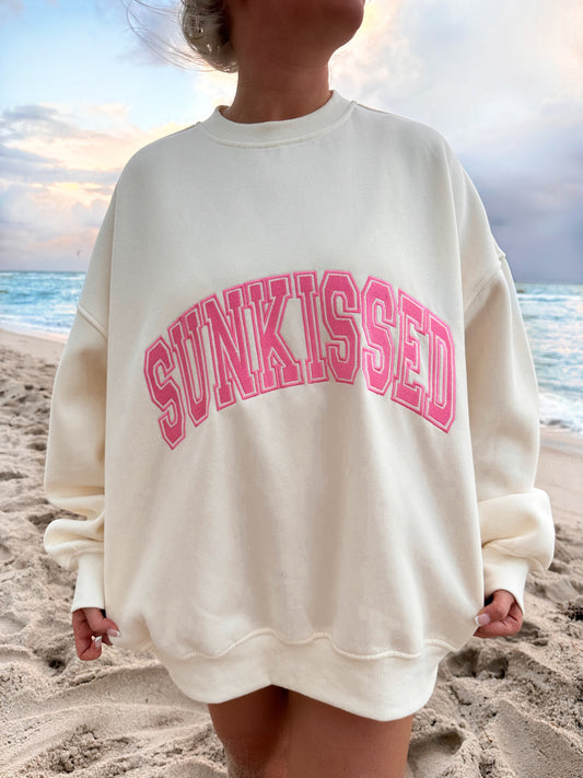 Ivory and Hibiscus Pink Varsity Embroidered Sweatshirt