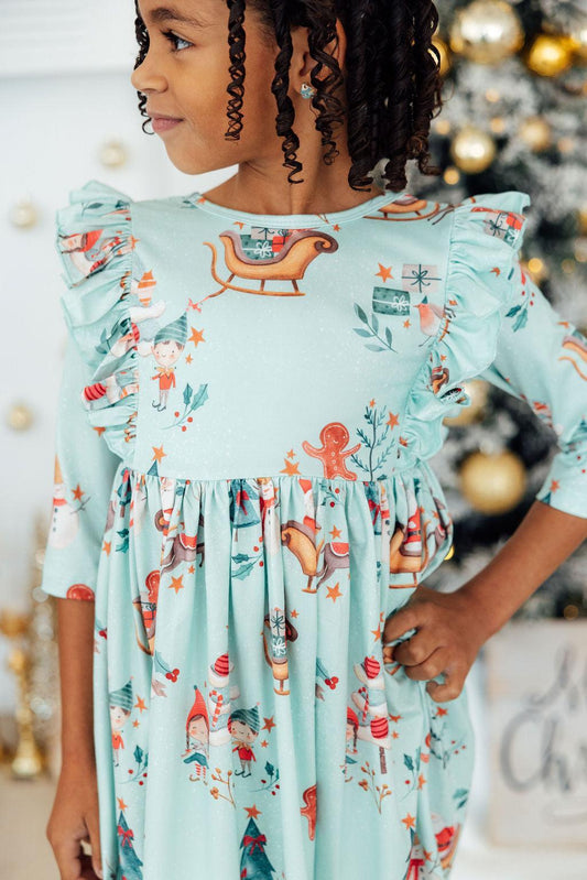 Believe in Your Elf 3/4 Sleeve Ruffle Twirl Dress